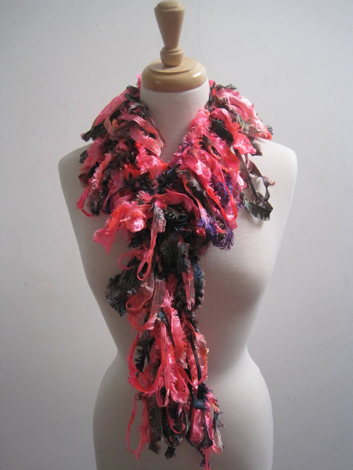 Crocheted Loopy Boa Scarf, Hand-Painted Ribbon Yarn, Neon Orange Purple Olive “Zap”