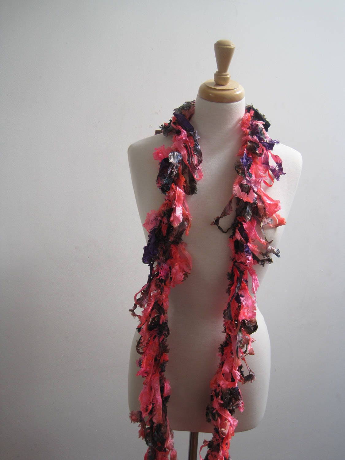 Crocheted Loopy Boa Scarf, Hand-Painted Ribbon Yarn, Neon Orange Purple Olive “Zap”
