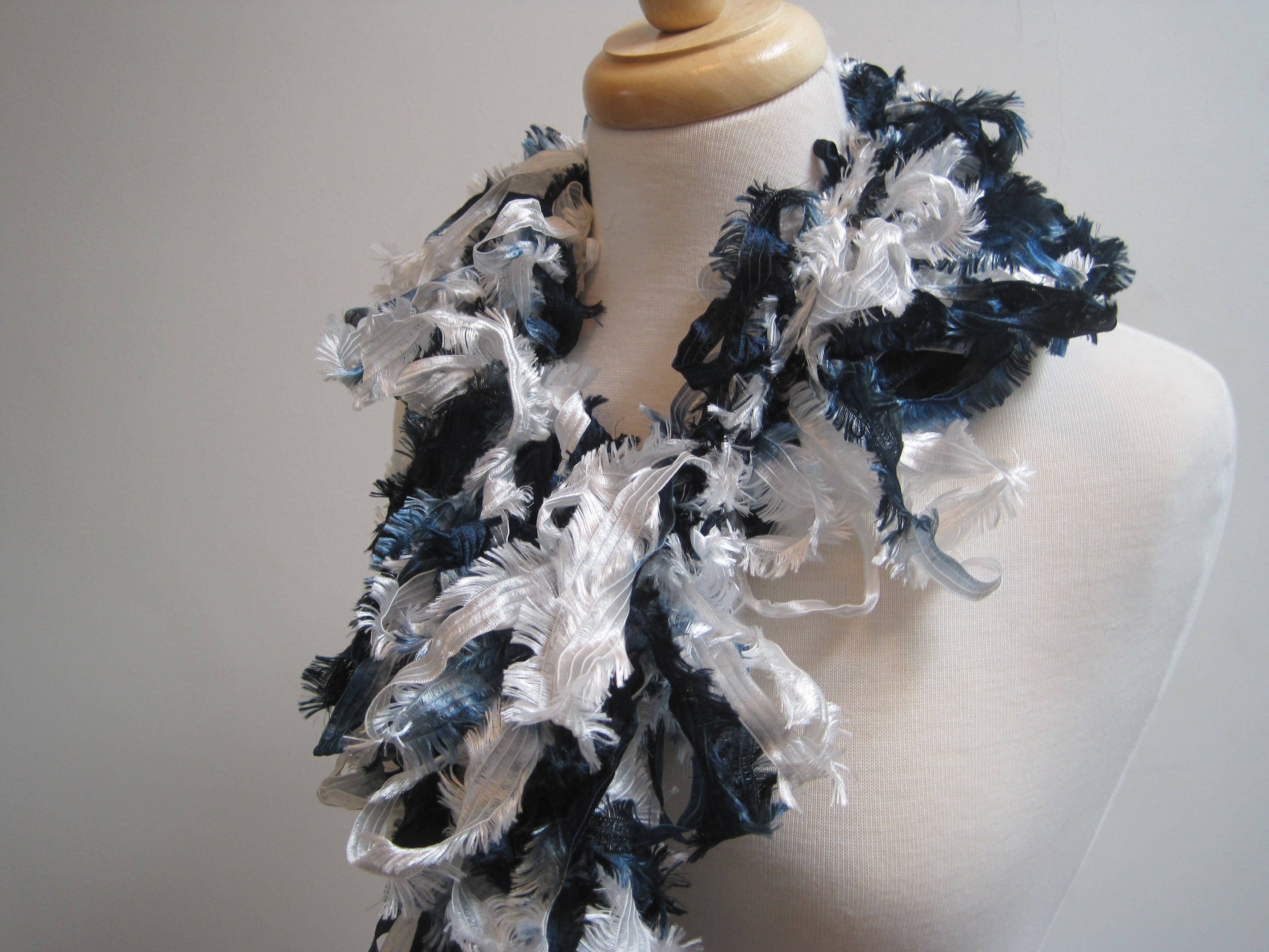 Navy and white crochet scarf or boa "newsy"