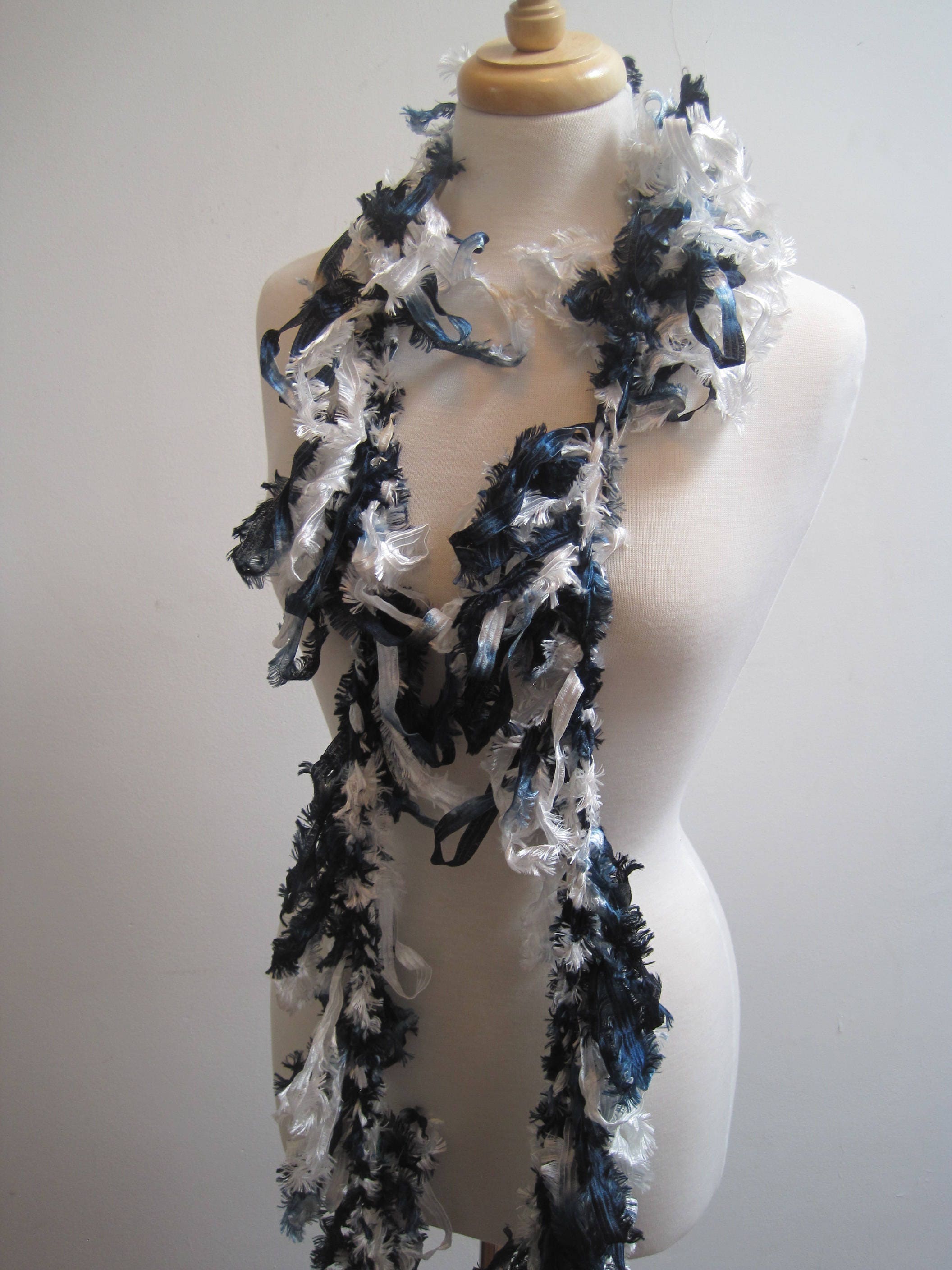 Navy and white crochet scarf or boa "newsy"
