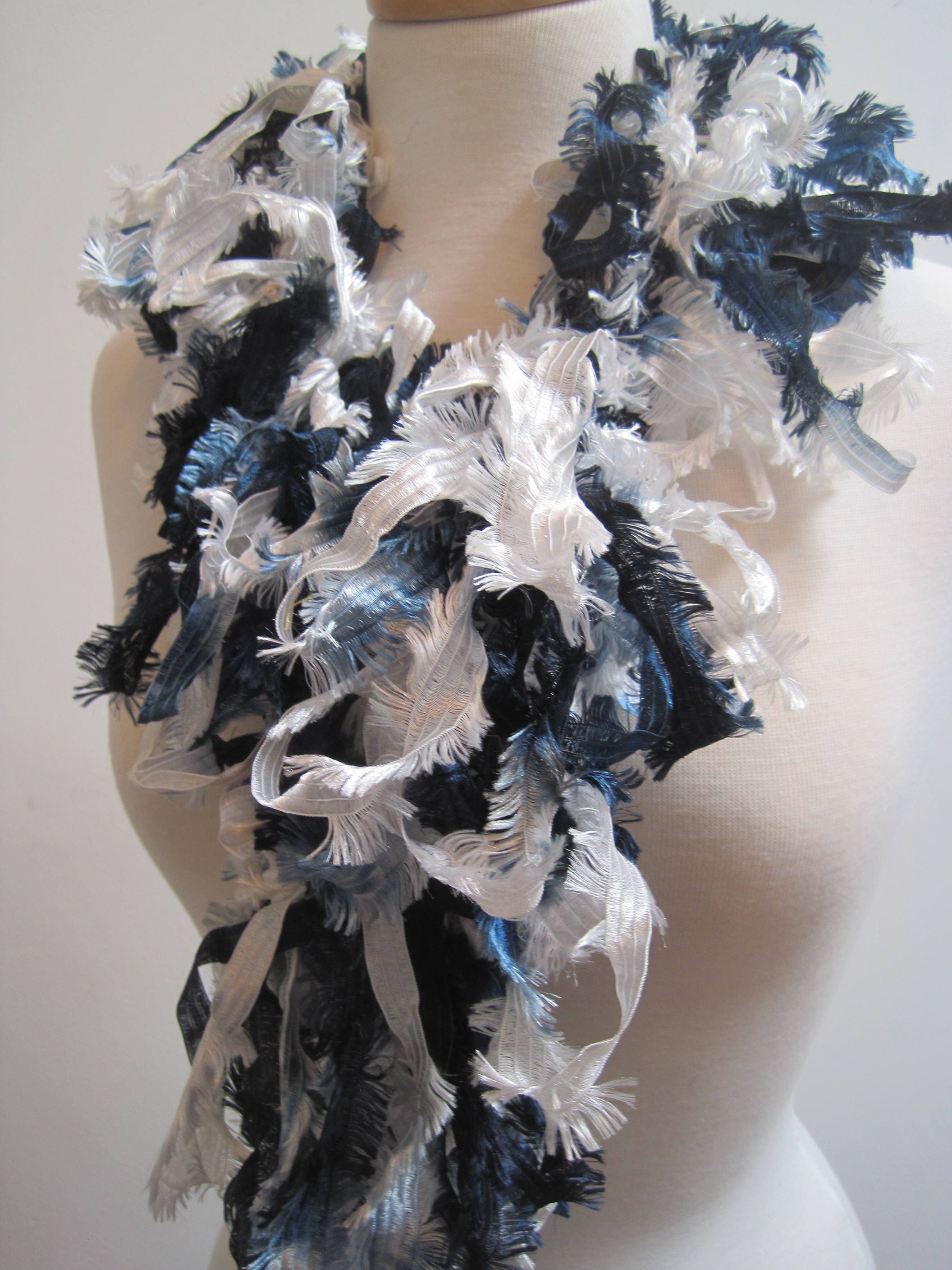 Navy and white crochet scarf or boa "newsy"
