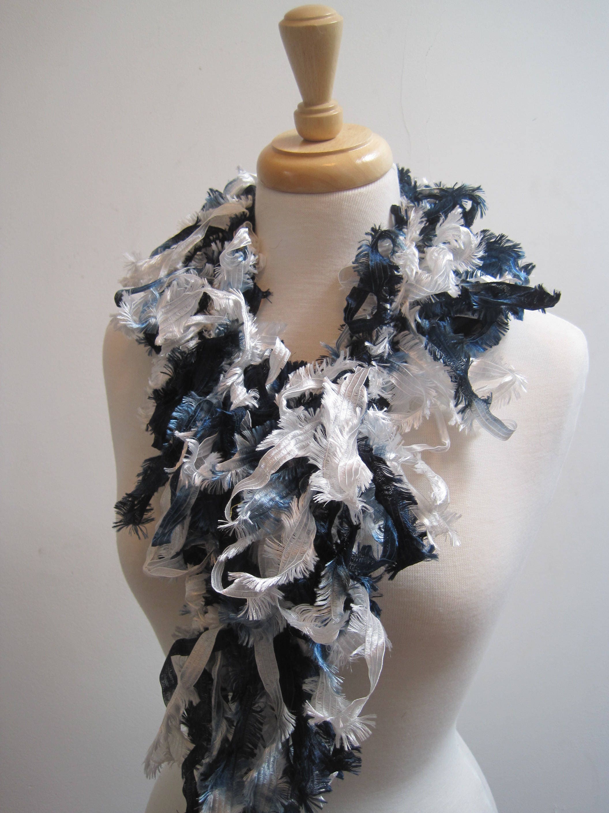 Navy and white crochet scarf or boa "newsy"