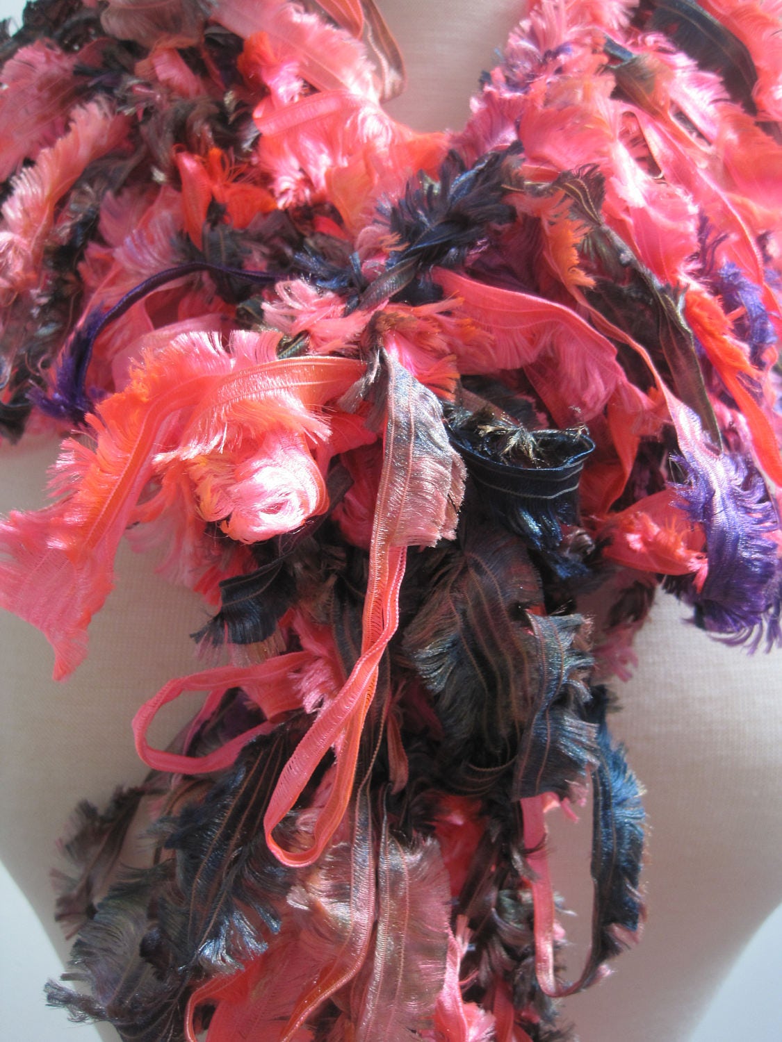 Crocheted Loopy Boa Scarf, Hand-Painted Ribbon Yarn, Neon Orange Purple Olive “Zap”