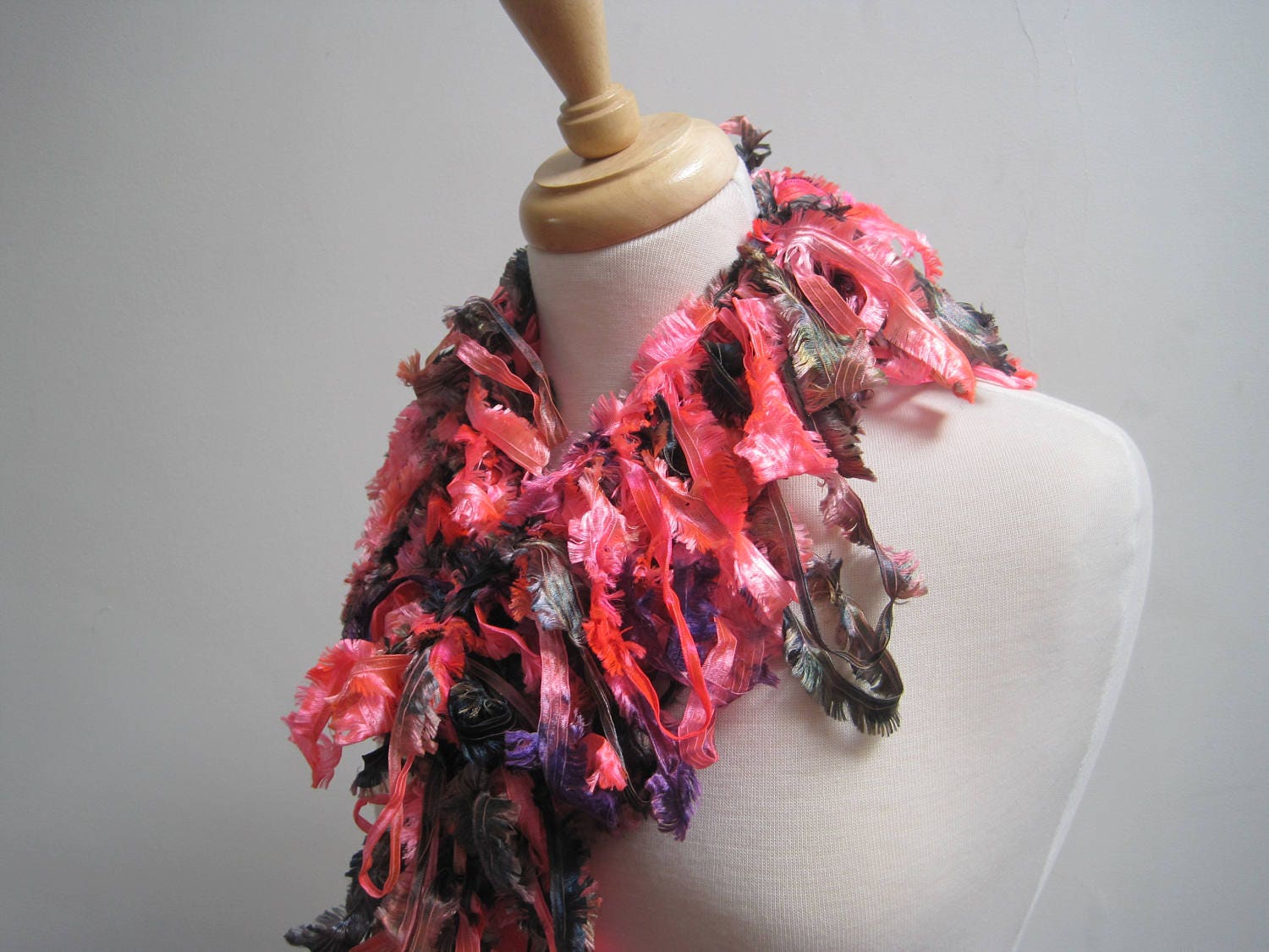 Crocheted Loopy Boa Scarf, Hand-Painted Ribbon Yarn, Neon Orange Purple Olive “Zap”