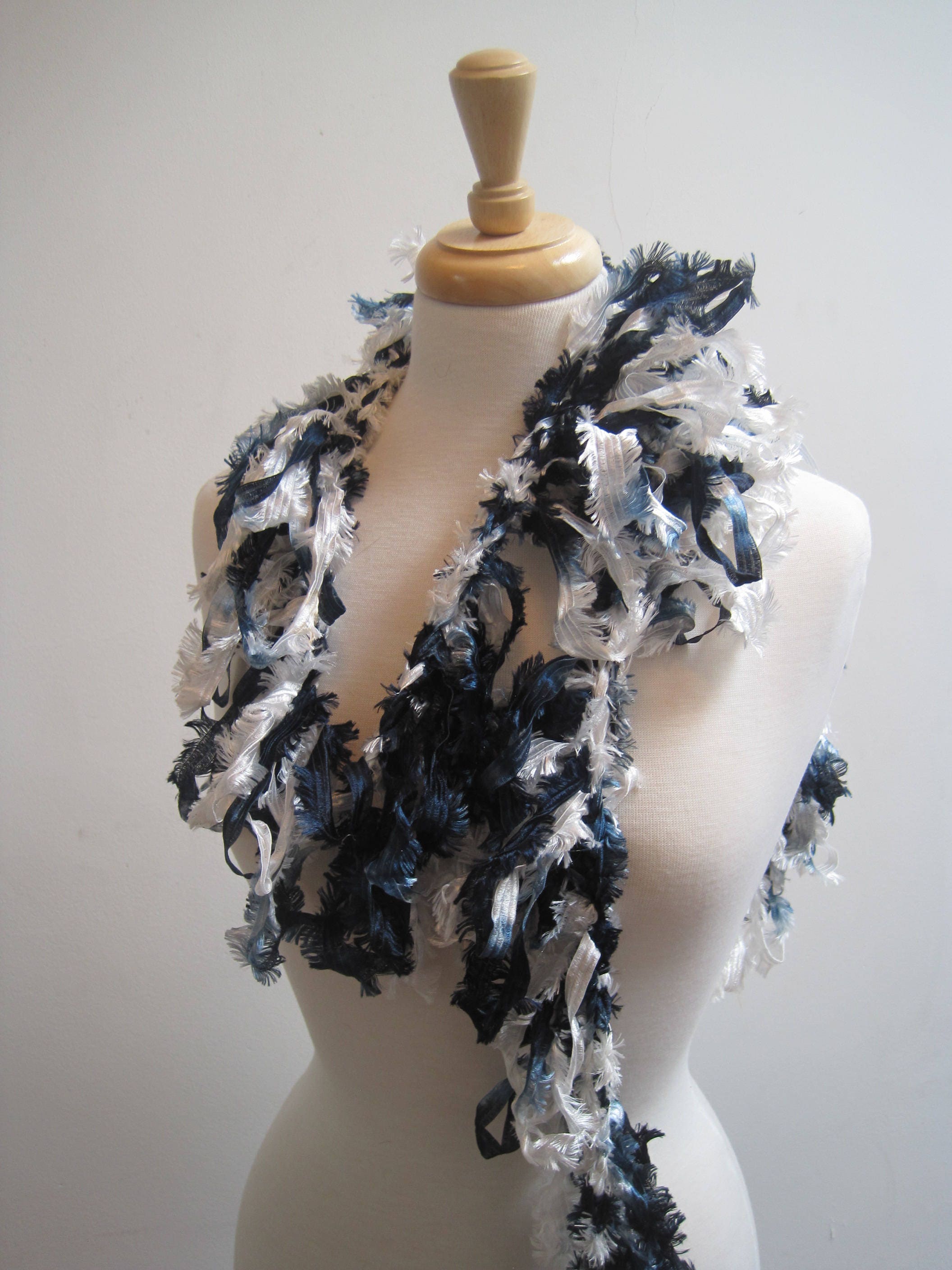 Navy and white crochet scarf or boa "newsy"