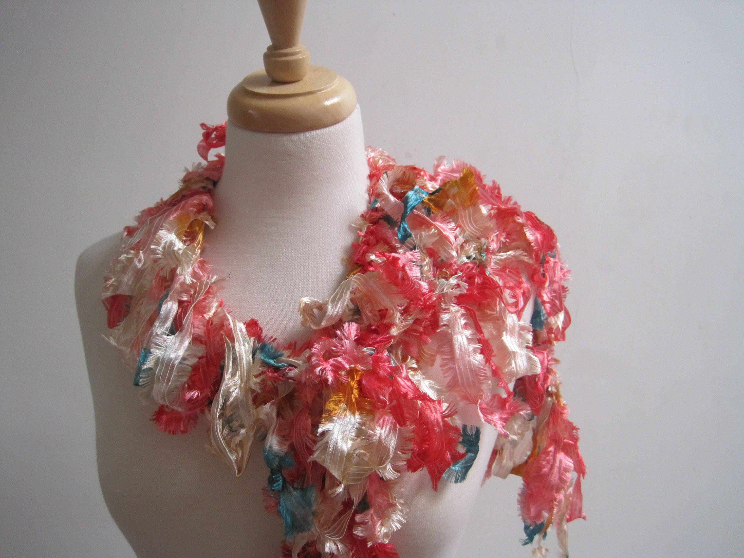 cream peach boa, peach teal boa, silky scarf, loopy scarf, ribbon boa, sexy scarf, ribbon scarf, long scarf, gift for her "fleur"