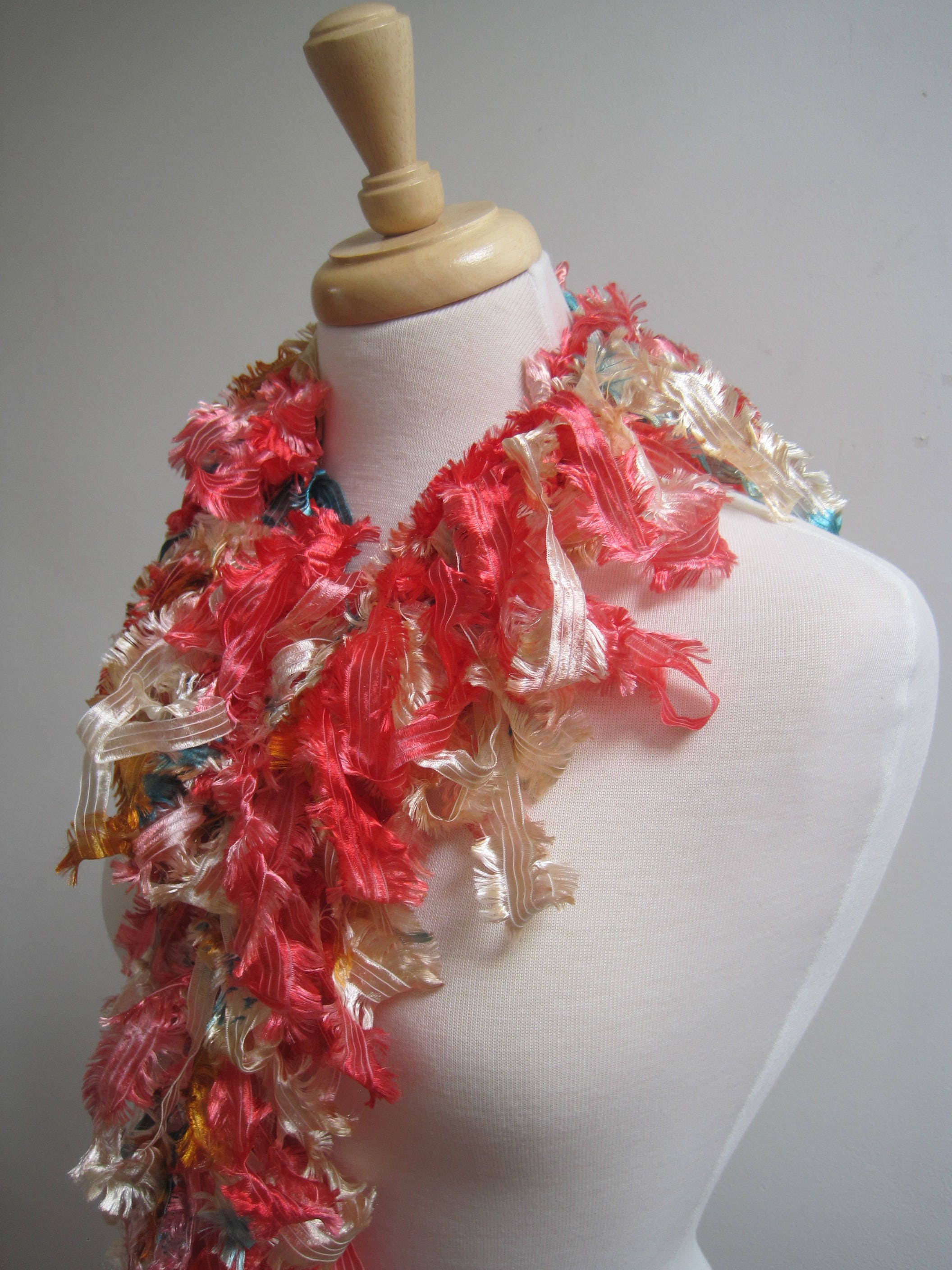 cream peach boa, peach teal boa, silky scarf, loopy scarf, ribbon boa, sexy scarf, ribbon scarf, long scarf, gift for her "fleur"