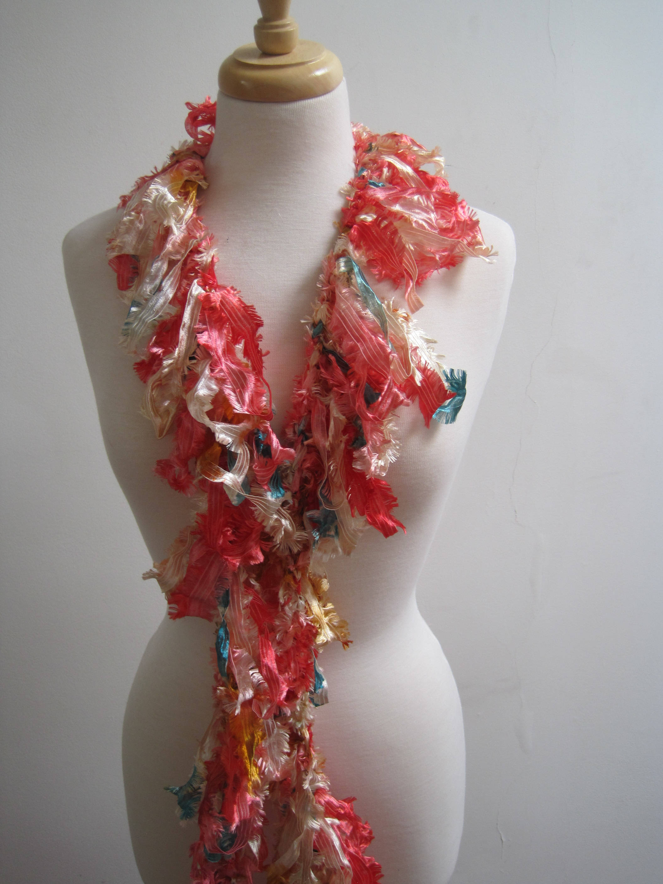 cream peach boa, peach teal boa, silky scarf, loopy scarf, ribbon boa, sexy scarf, ribbon scarf, long scarf, gift for her "fleur"
