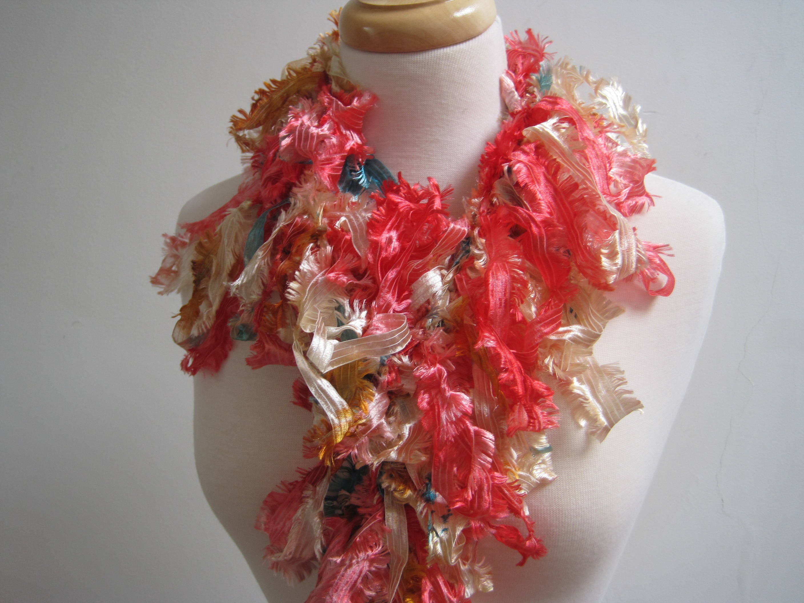 cream peach boa, peach teal boa, silky scarf, loopy scarf, ribbon boa, sexy scarf, ribbon scarf, long scarf, gift for her "fleur"