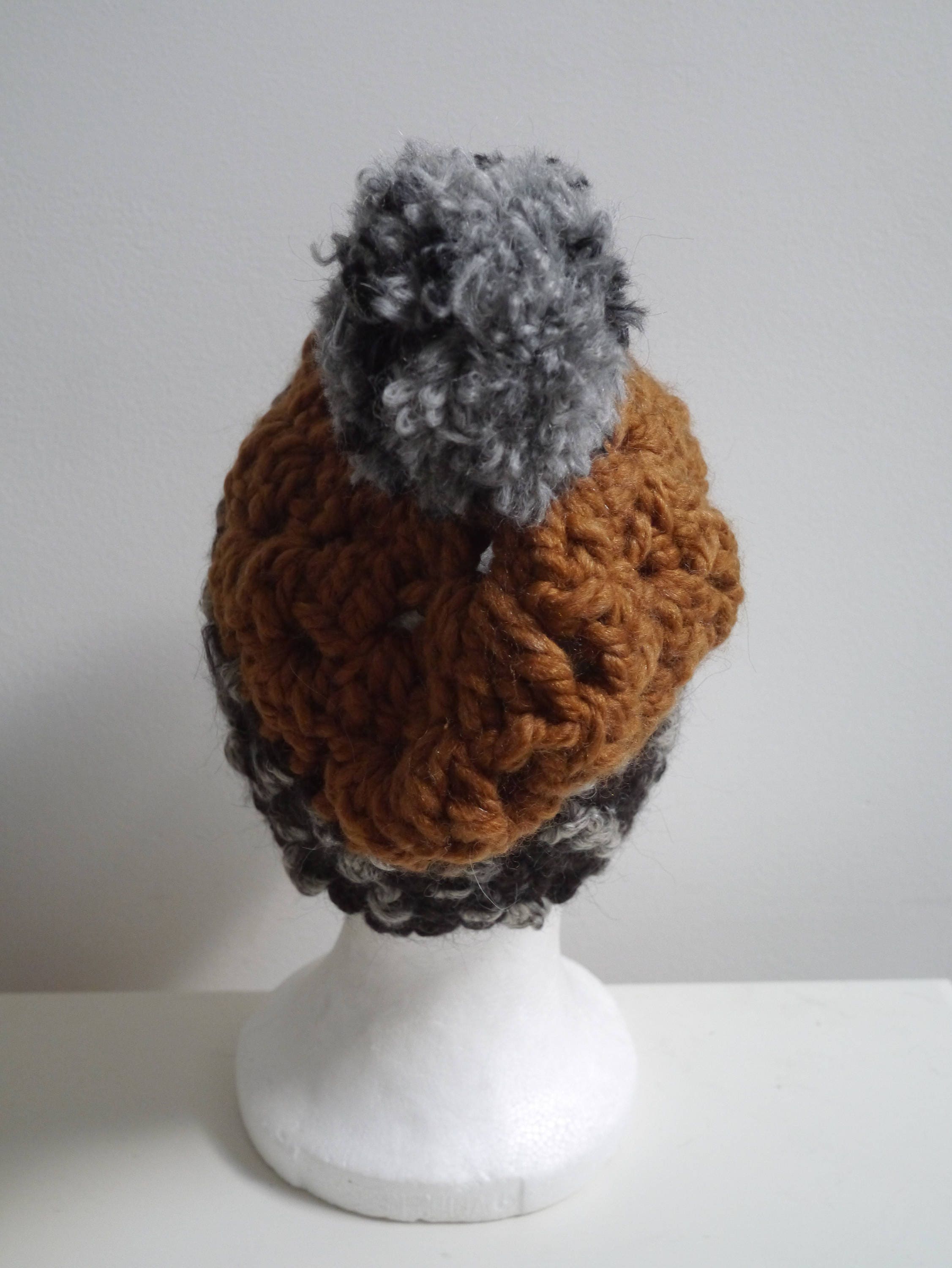 grey brown caramel hat crocheted hat color block hat handmade hat chunky hat gray pompom hat mans hat unisex hat "rootle"