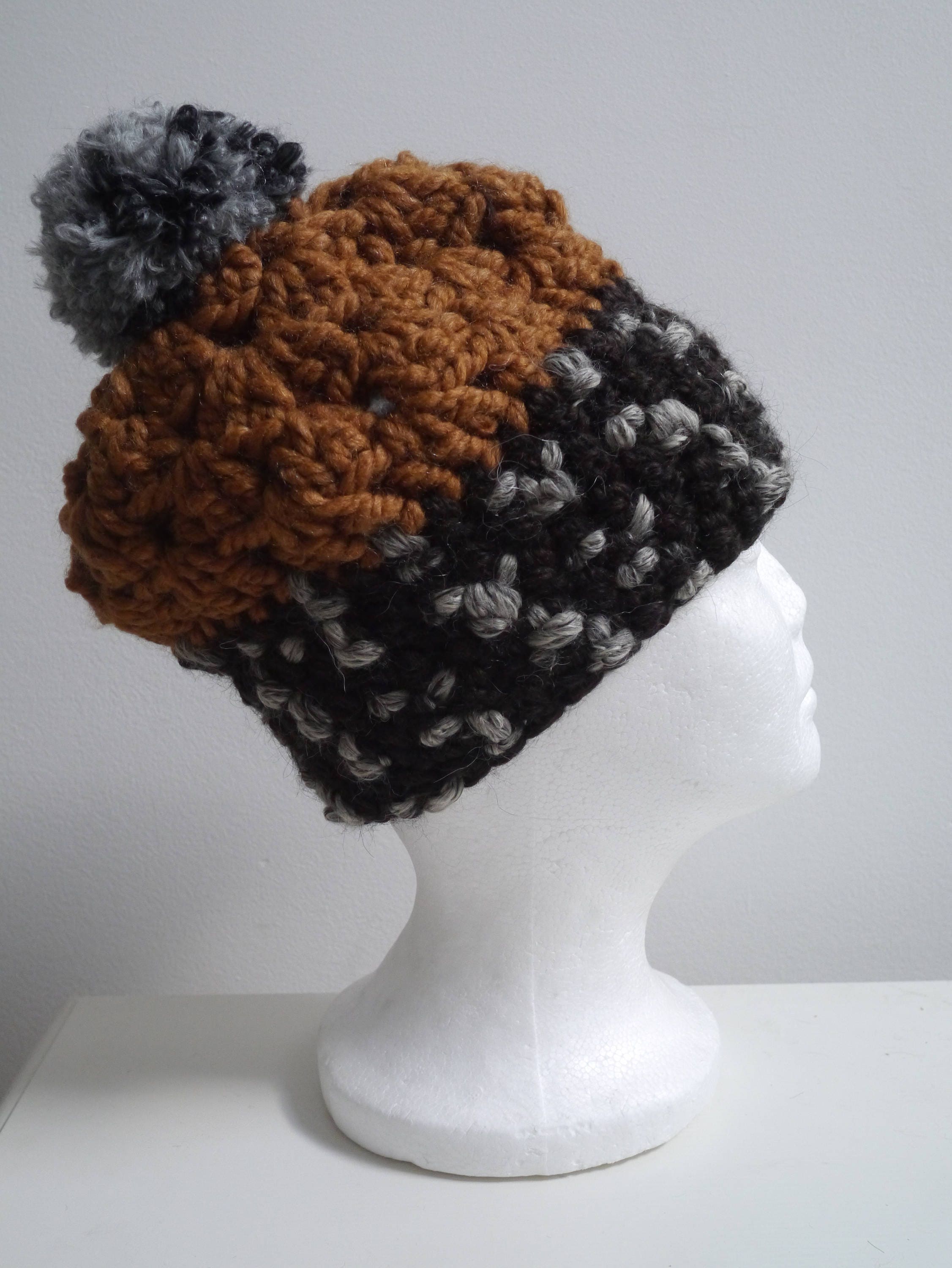 grey brown caramel hat crocheted hat color block hat handmade hat chunky hat gray pompom hat mans hat unisex hat "rootle"
