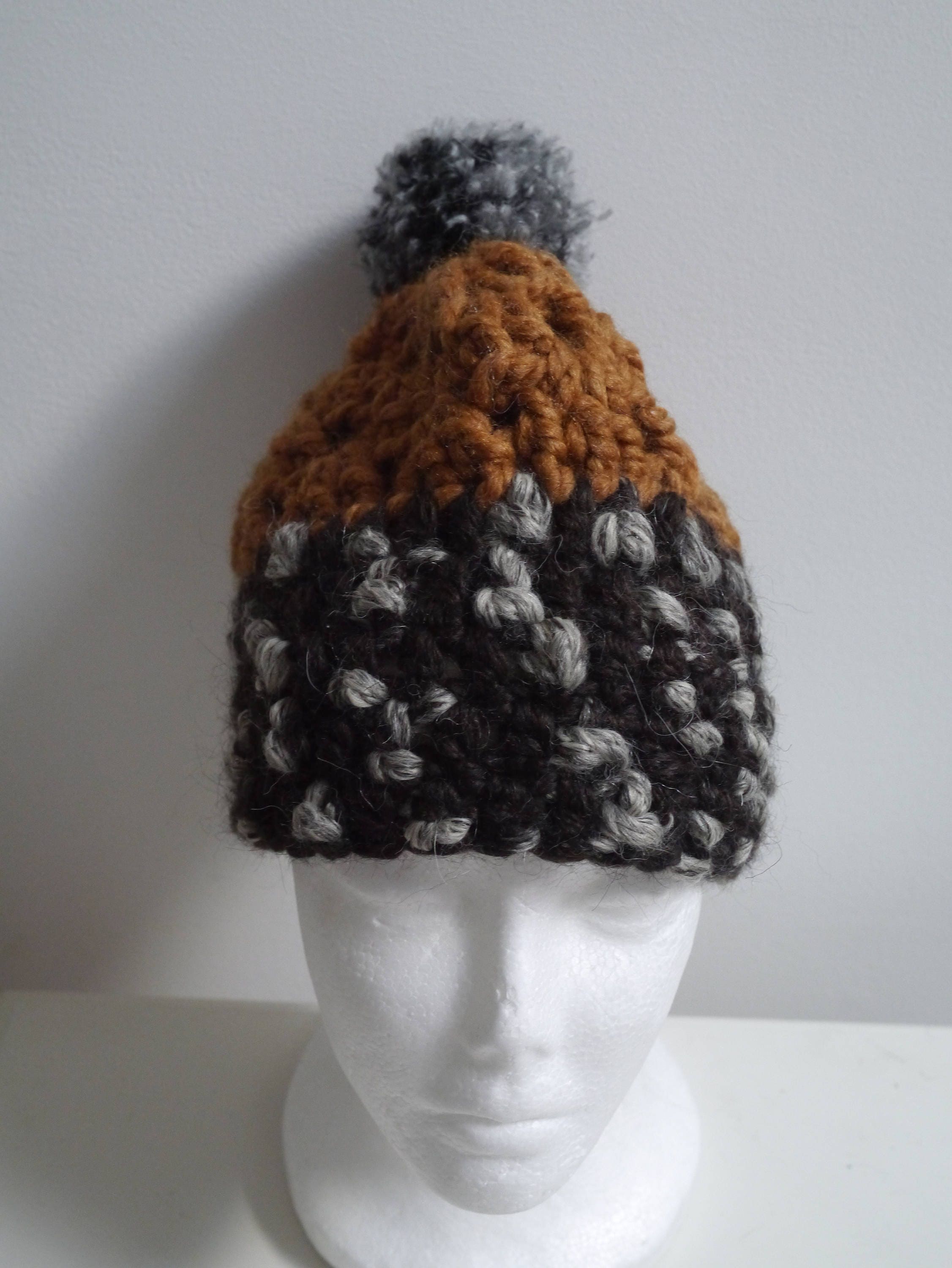 grey brown caramel hat crocheted hat color block hat handmade hat chunky hat gray pompom hat mans hat unisex hat "rootle"