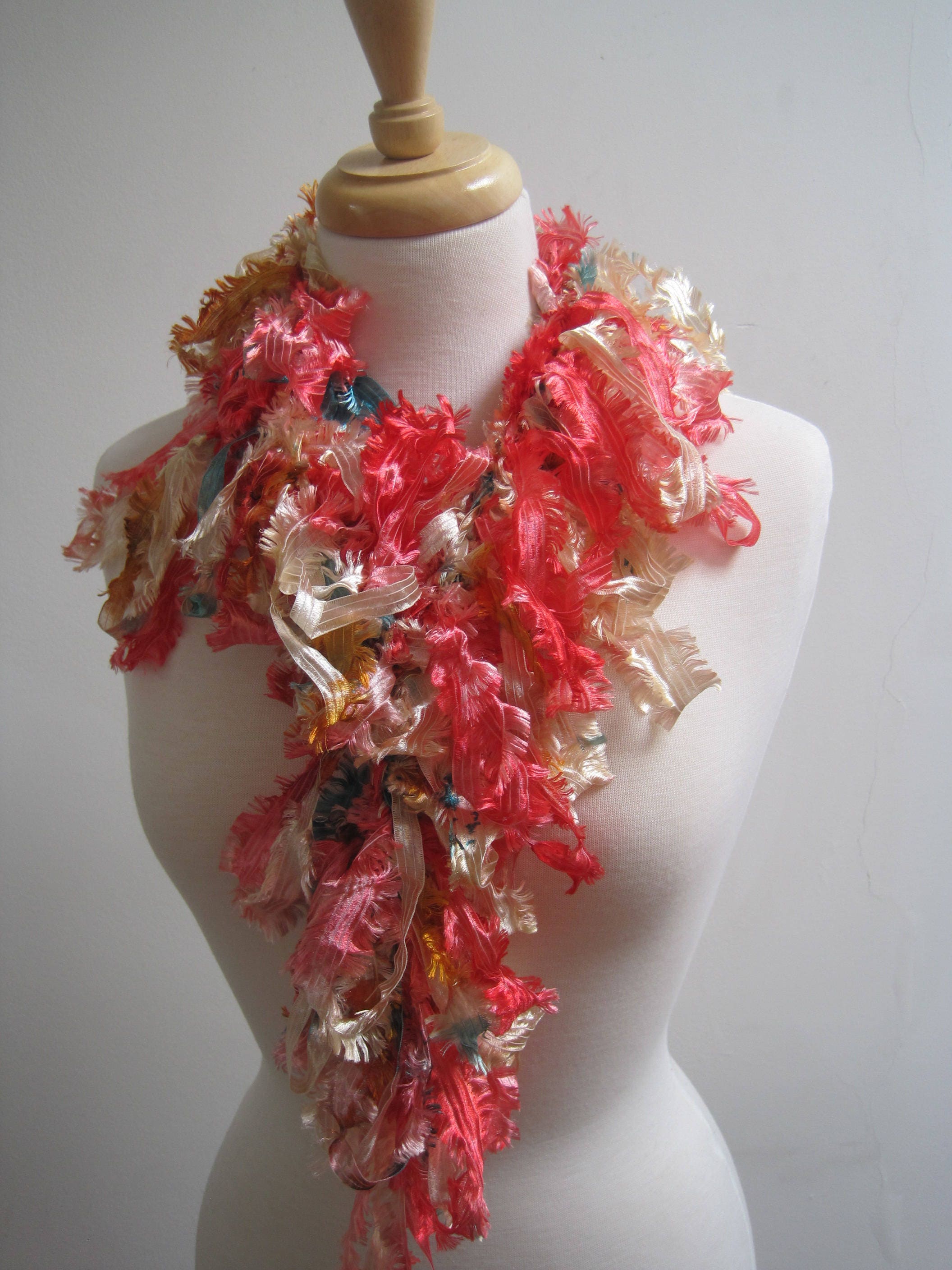 cream peach boa, peach teal boa, silky scarf, loopy scarf, ribbon boa, sexy scarf, ribbon scarf, long scarf, gift for her "fleur"