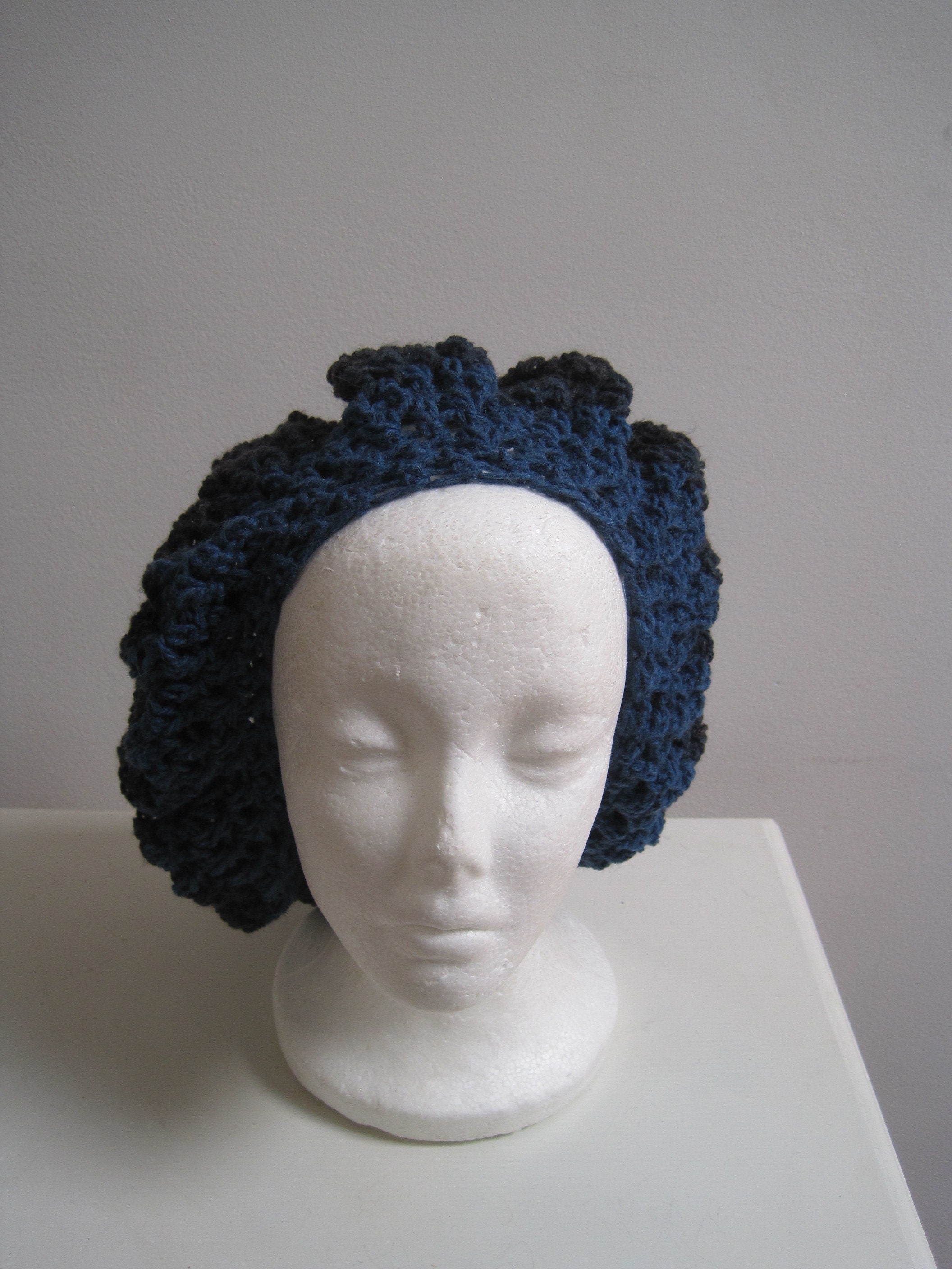 gray blue beret gray blue hat color block beret vegan beret crochet beret gray blue snood, slouchy beret "literate"