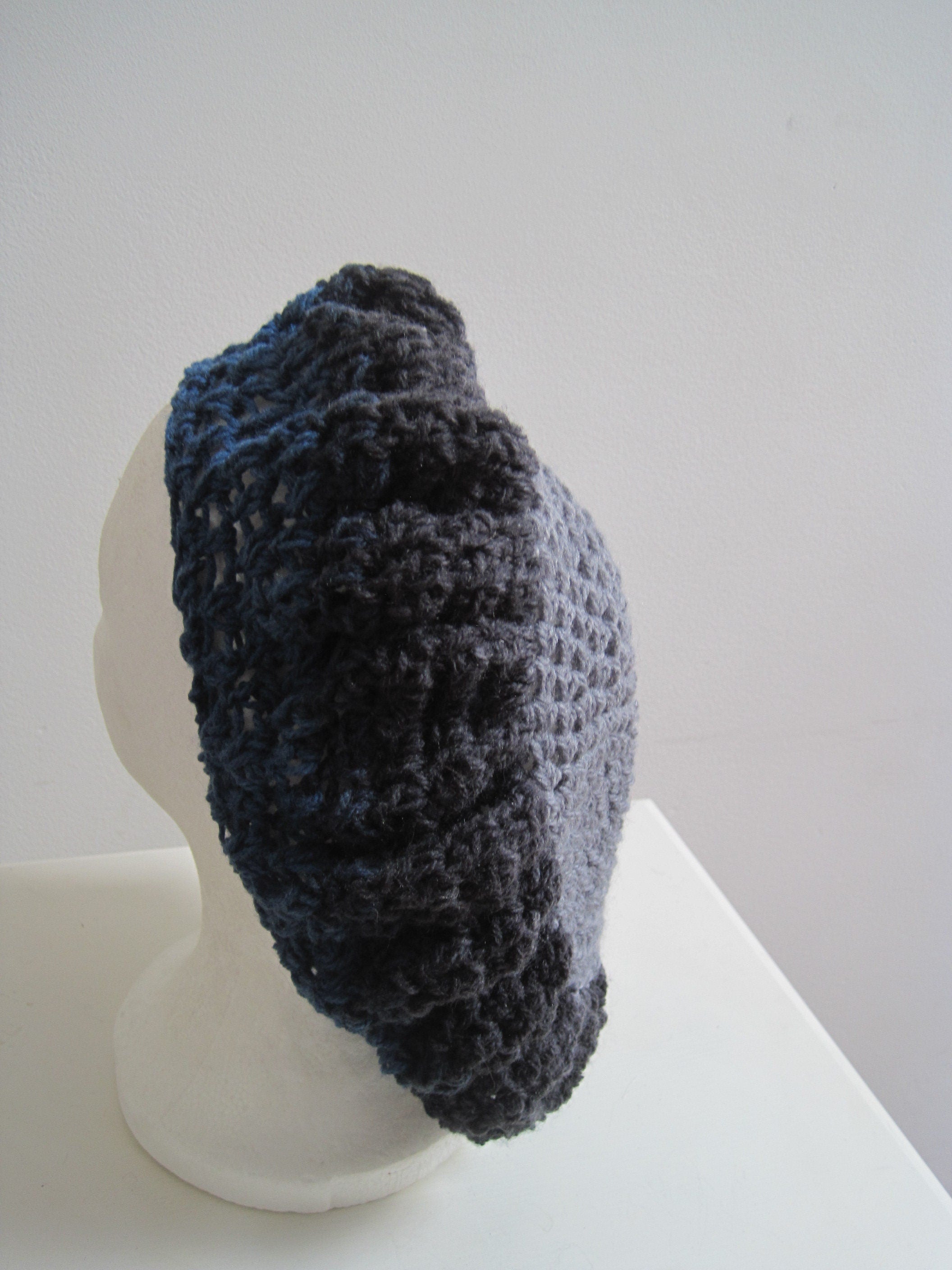 gray blue beret gray blue hat color block beret vegan beret crochet beret gray blue snood, slouchy beret "literate"