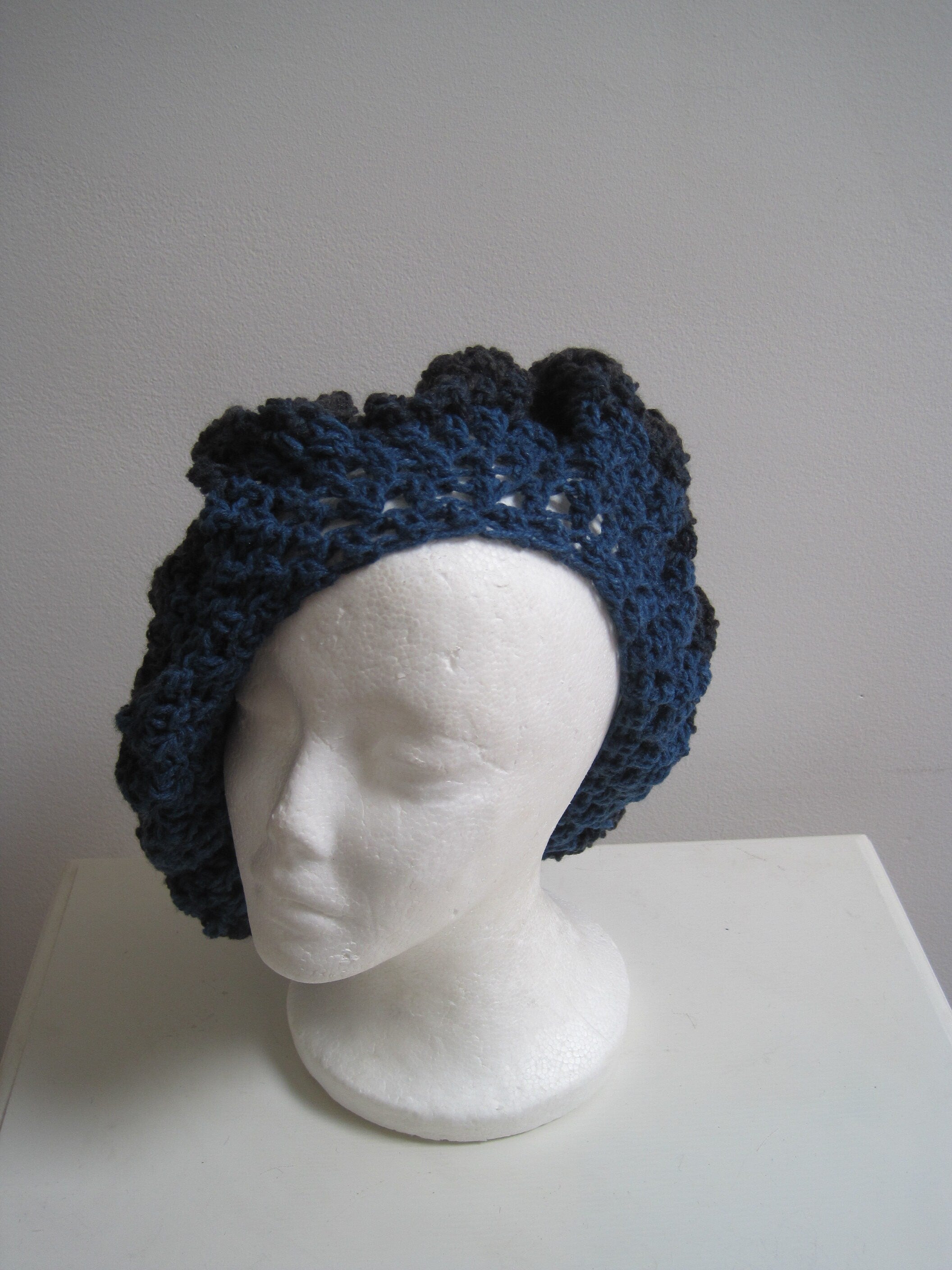 gray blue beret gray blue hat color block beret vegan beret crochet beret gray blue snood, slouchy beret "literate"