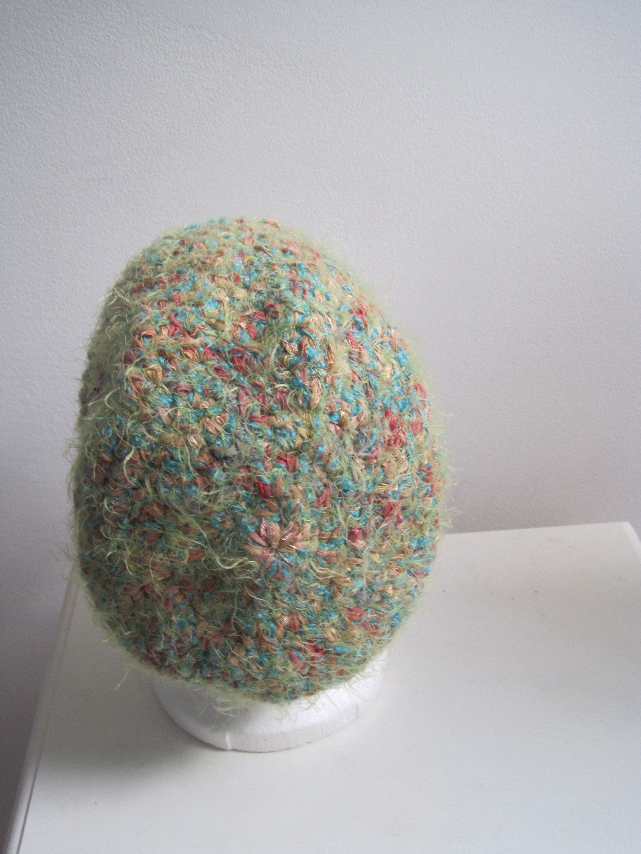 blue green hat, handmade hat, art hat, blue green cap, mixed fiber cap, warm cap, soft hat "Melinda"