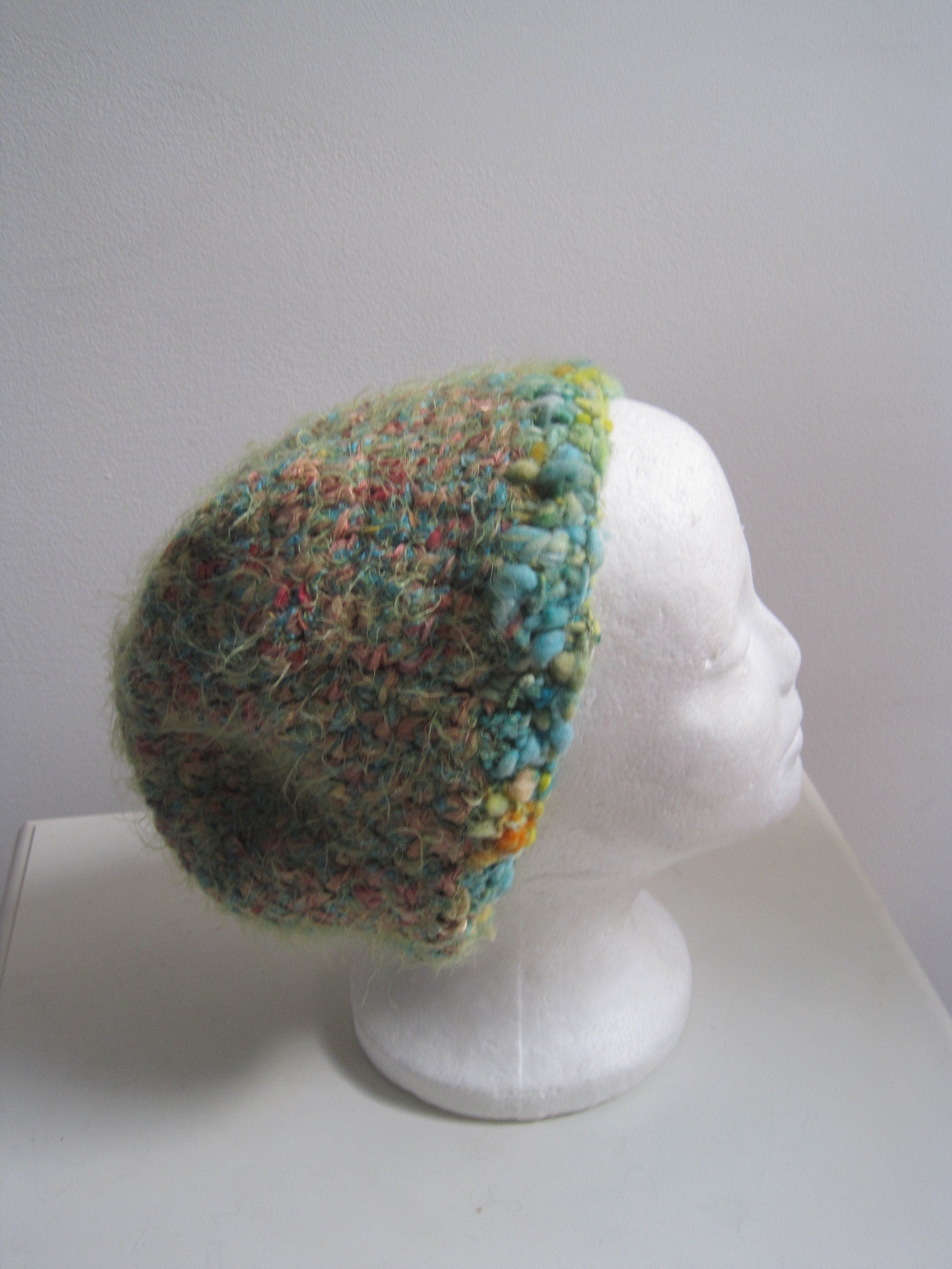 blue green hat, handmade hat, art hat, blue green cap, mixed fiber cap, warm cap, soft hat "Melinda"