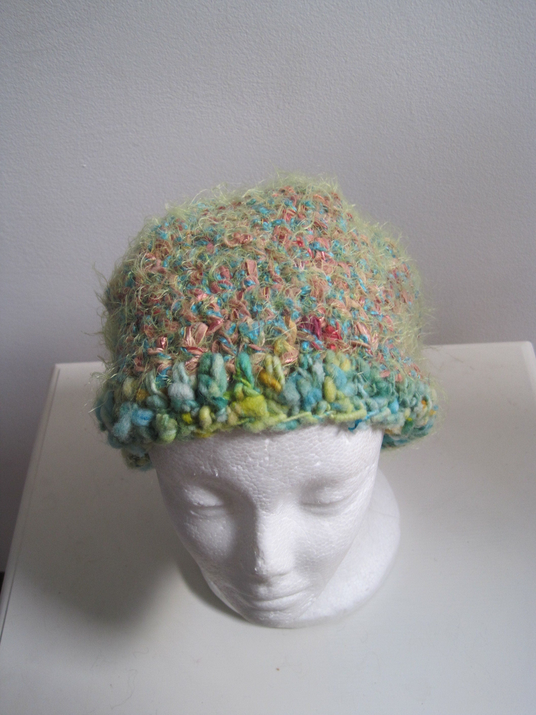 blue green hat, handmade hat, art hat, blue green cap, mixed fiber cap, warm cap, soft hat "Melinda"