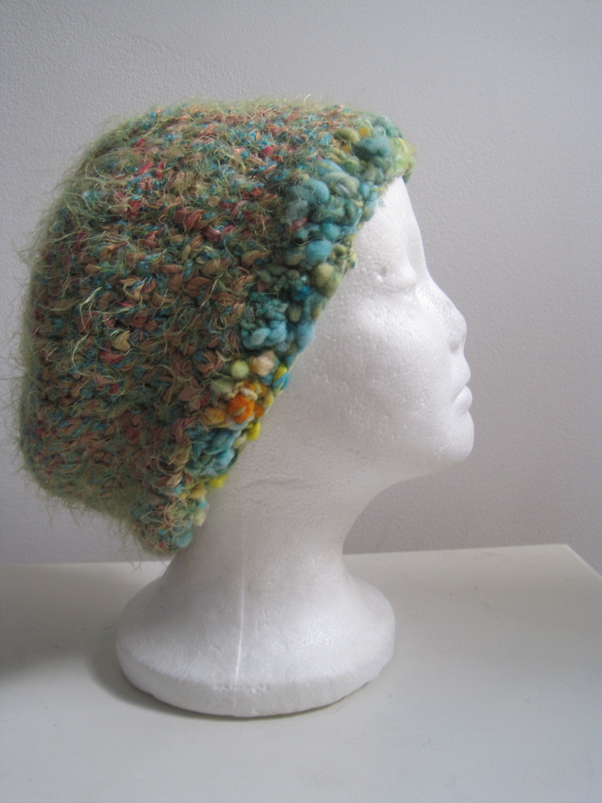 blue green hat, handmade hat, art hat, blue green cap, mixed fiber cap, warm cap, soft hat "Melinda"