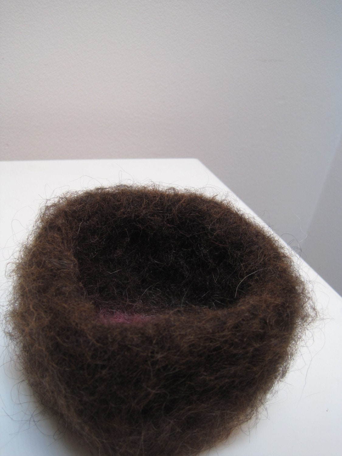 Crochet Brown and pink square Felted Wool basket made from Icelandic Lopi yarn