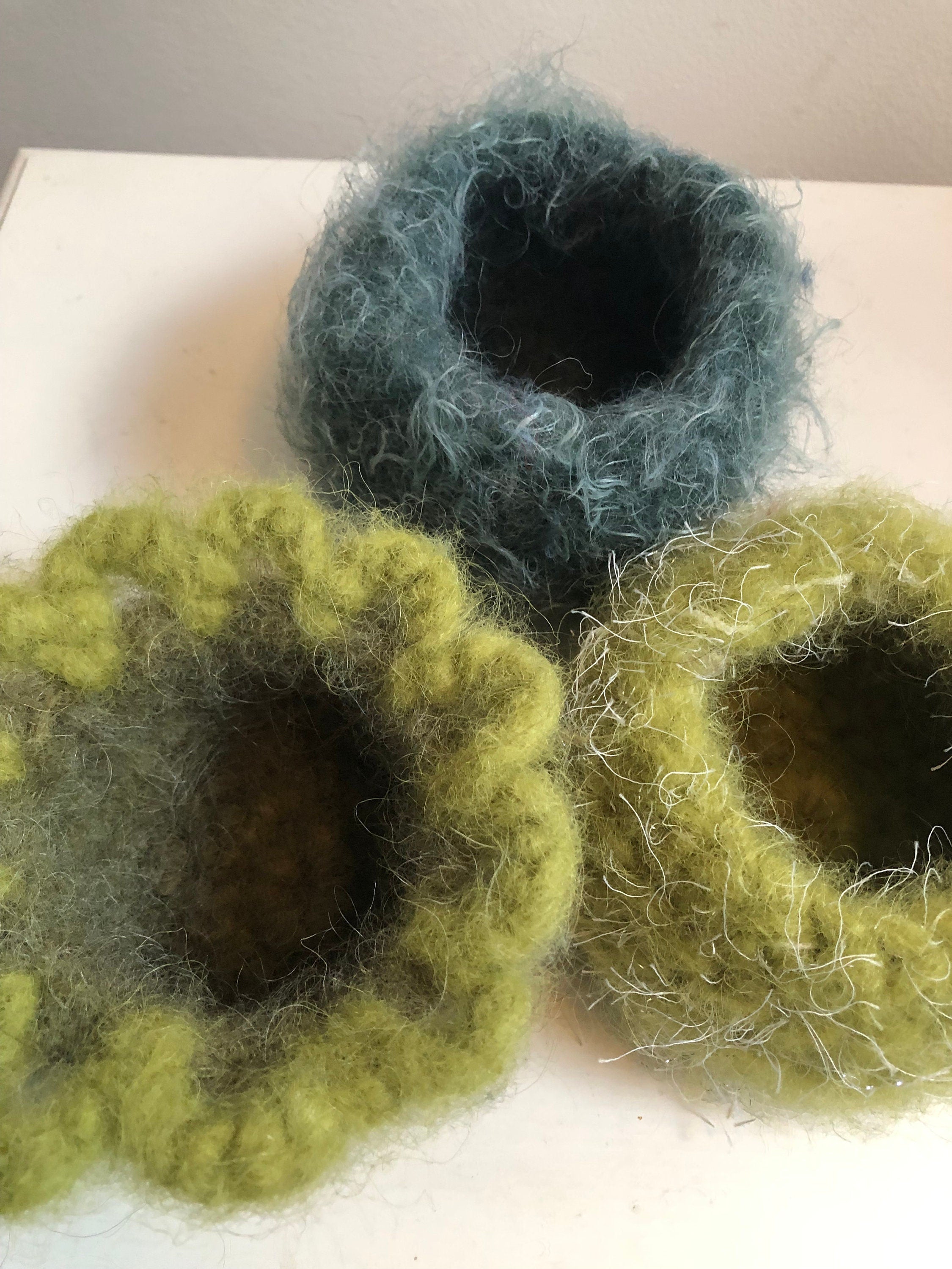 Crocheted Green Felted Wool Bowl made from Icelandic Lopi yarn