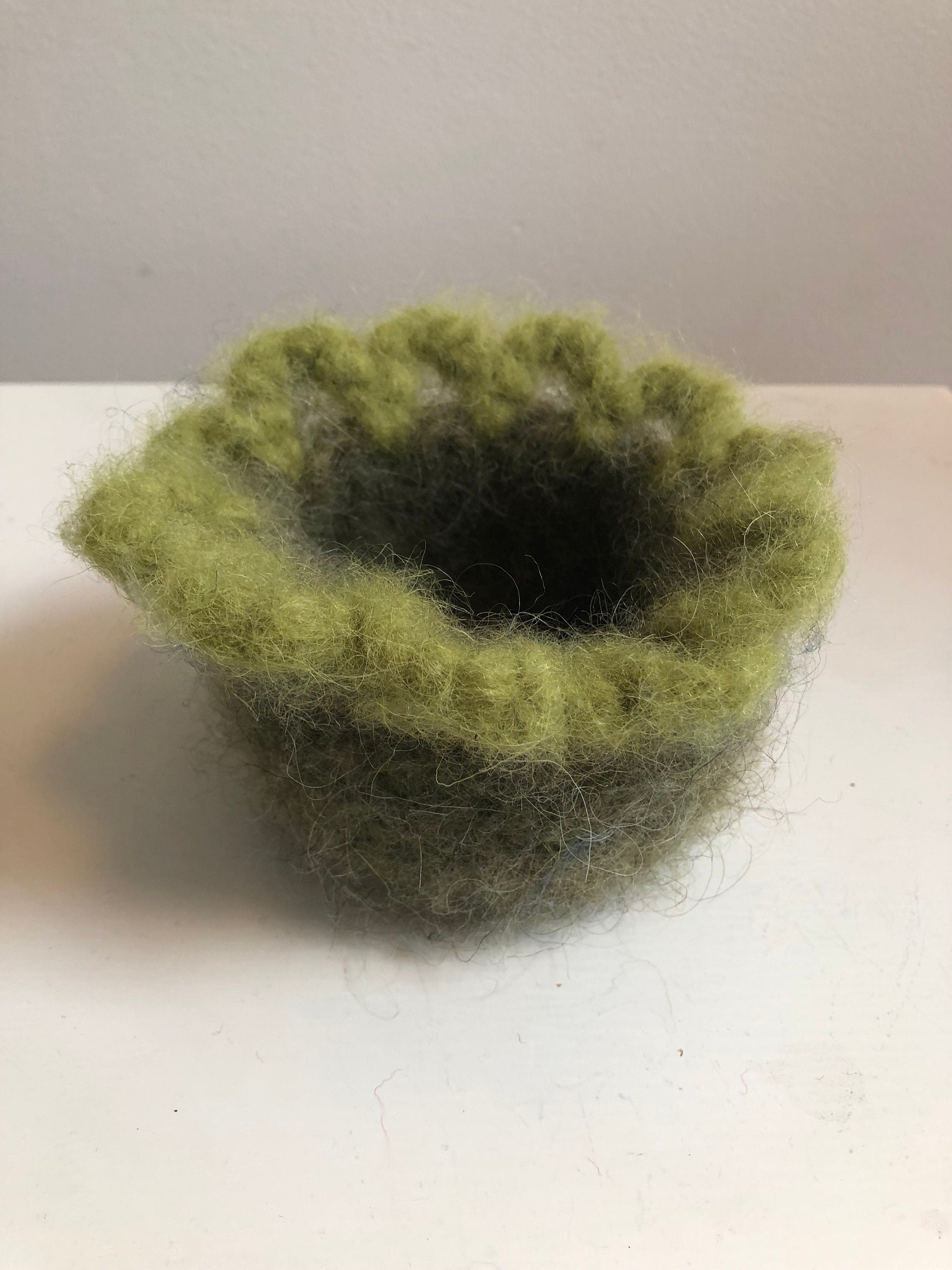 Crocheted Green Felted Wool Bowl made from Icelandic Lopi yarn
