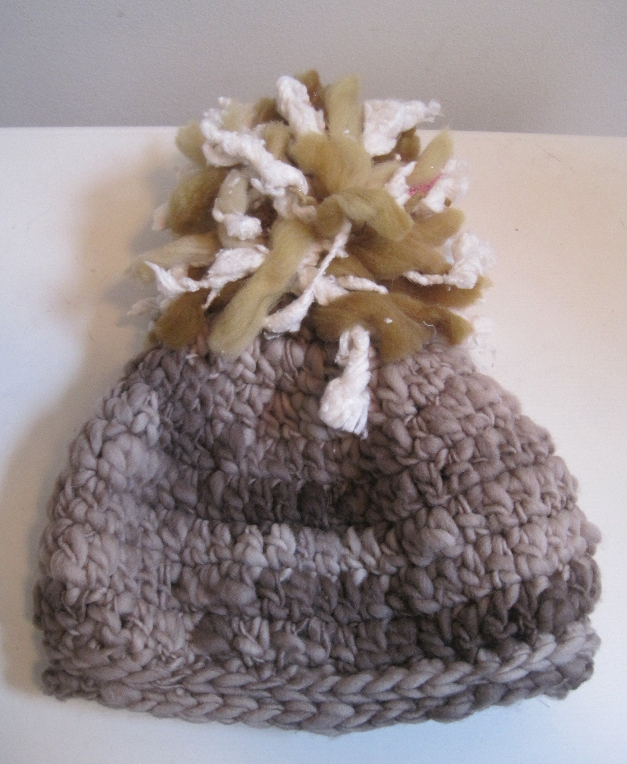 pink brown hat, crocheted hat, art yarn hat, pom pom hat, hand spun yarn hat, handmade hat, chunky hat, warm hat, gift hat "latte"