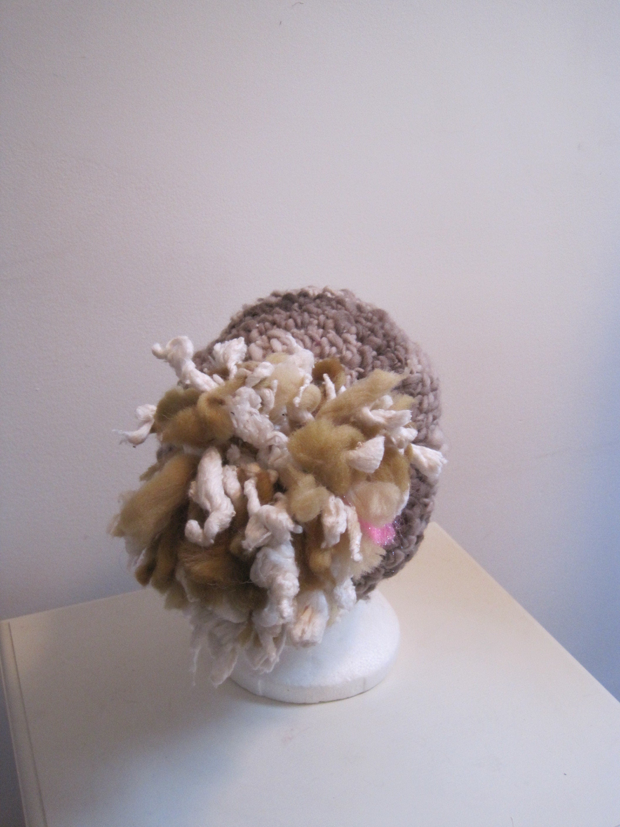 pink brown hat, crocheted hat, art yarn hat, pom pom hat, hand spun yarn hat, handmade hat, chunky hat, warm hat, gift hat "latte"