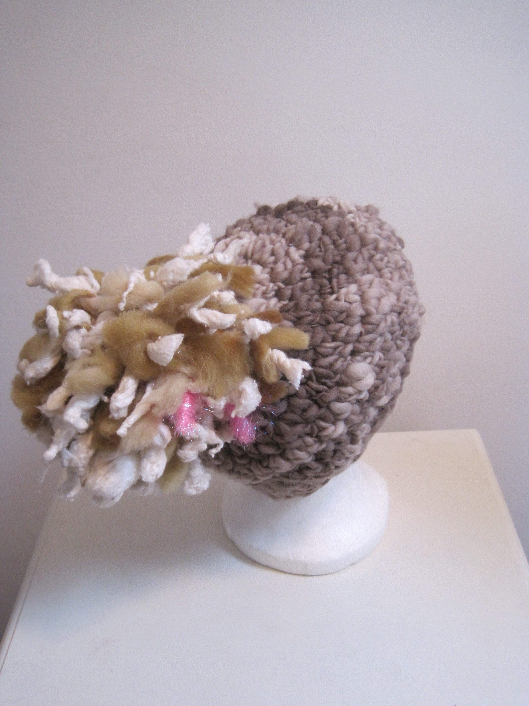 pink brown hat, crocheted hat, art yarn hat, pom pom hat, hand spun yarn hat, handmade hat, chunky hat, warm hat, gift hat "latte"
