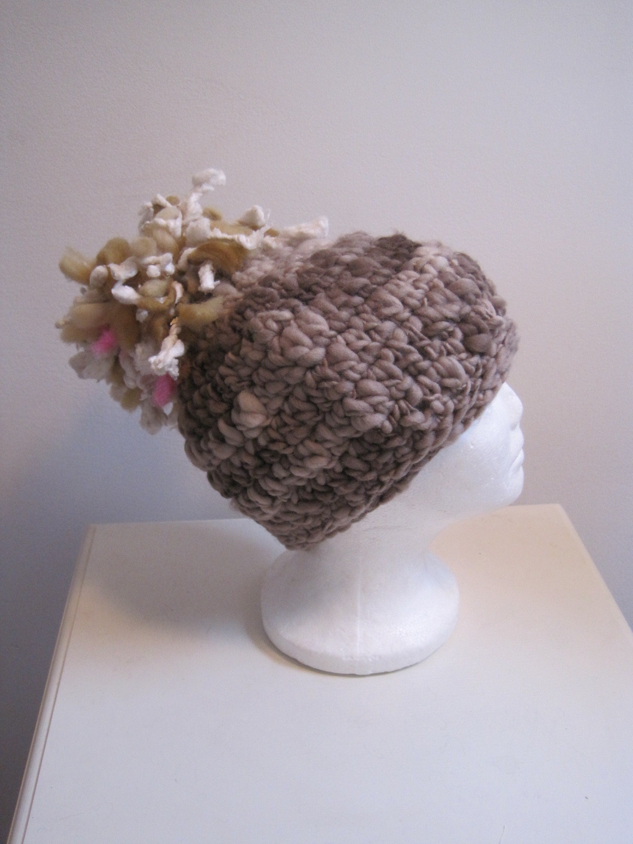 pink brown hat, crocheted hat, art yarn hat, pom pom hat, hand spun yarn hat, handmade hat, chunky hat, warm hat, gift hat "latte"