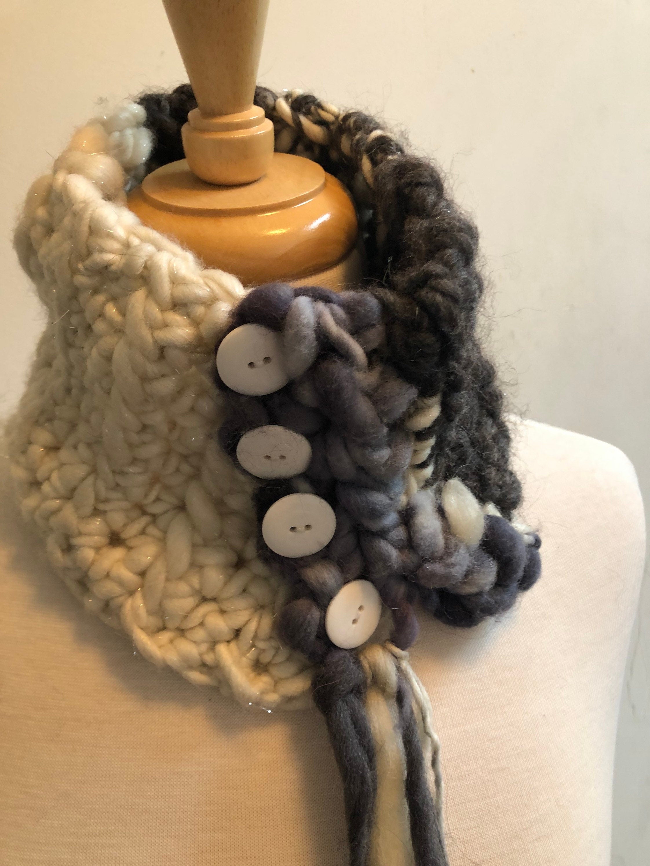 Grey cream scarflette, gray black neckpiece, crocheted scarf, grey black collar, handspun wool scarf, art scarf, art yarn scarf “restraint”
