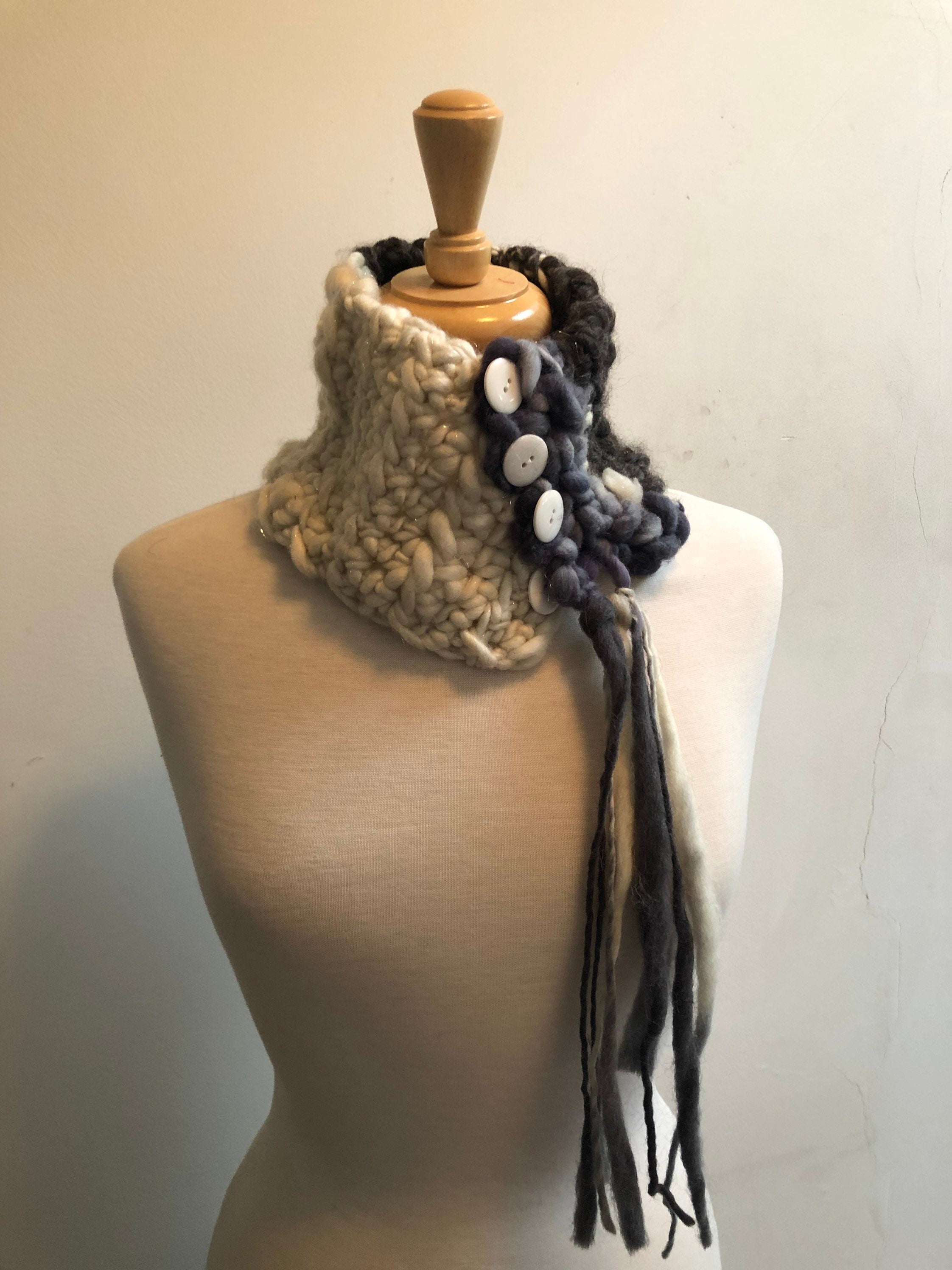 Grey cream scarflette, gray black neckpiece, crocheted scarf, grey black collar, handspun wool scarf, art scarf, art yarn scarf “restraint”