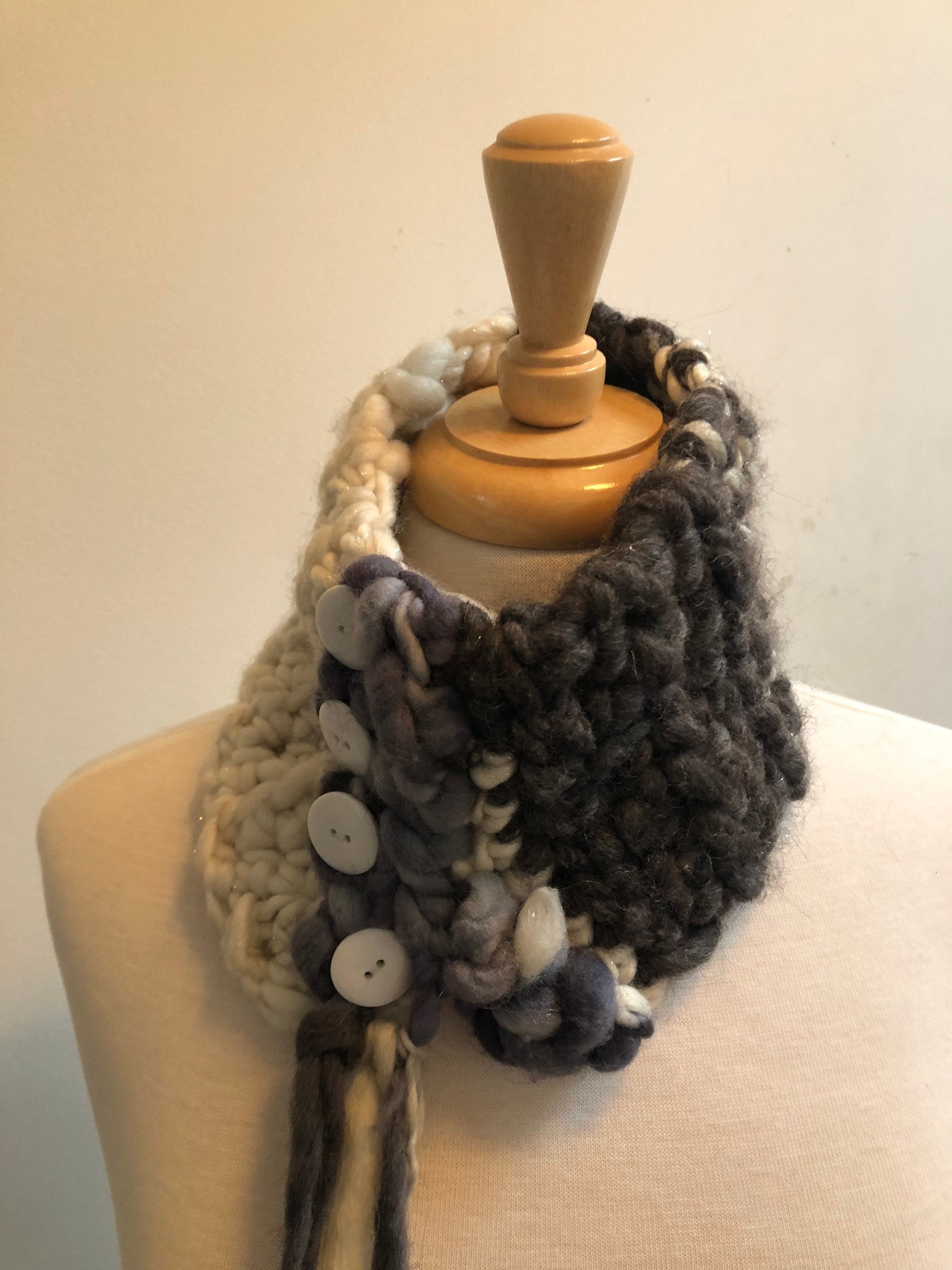 Grey cream scarflette, gray black neckpiece, crocheted scarf, grey black collar, handspun wool scarf, art scarf, art yarn scarf “restraint”