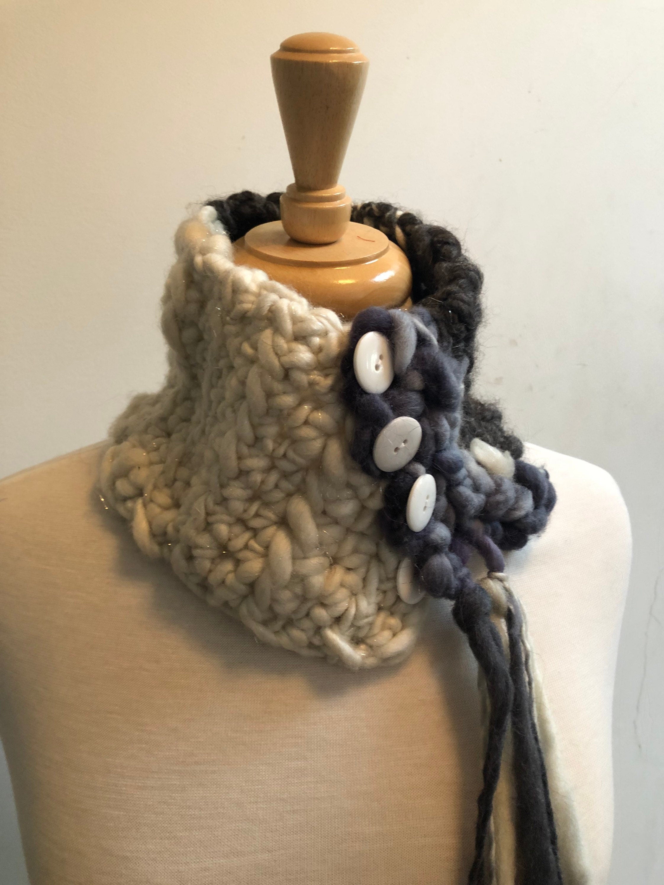 Grey cream scarflette, gray black neckpiece, crocheted scarf, grey black collar, handspun wool scarf, art scarf, art yarn scarf “restraint”
