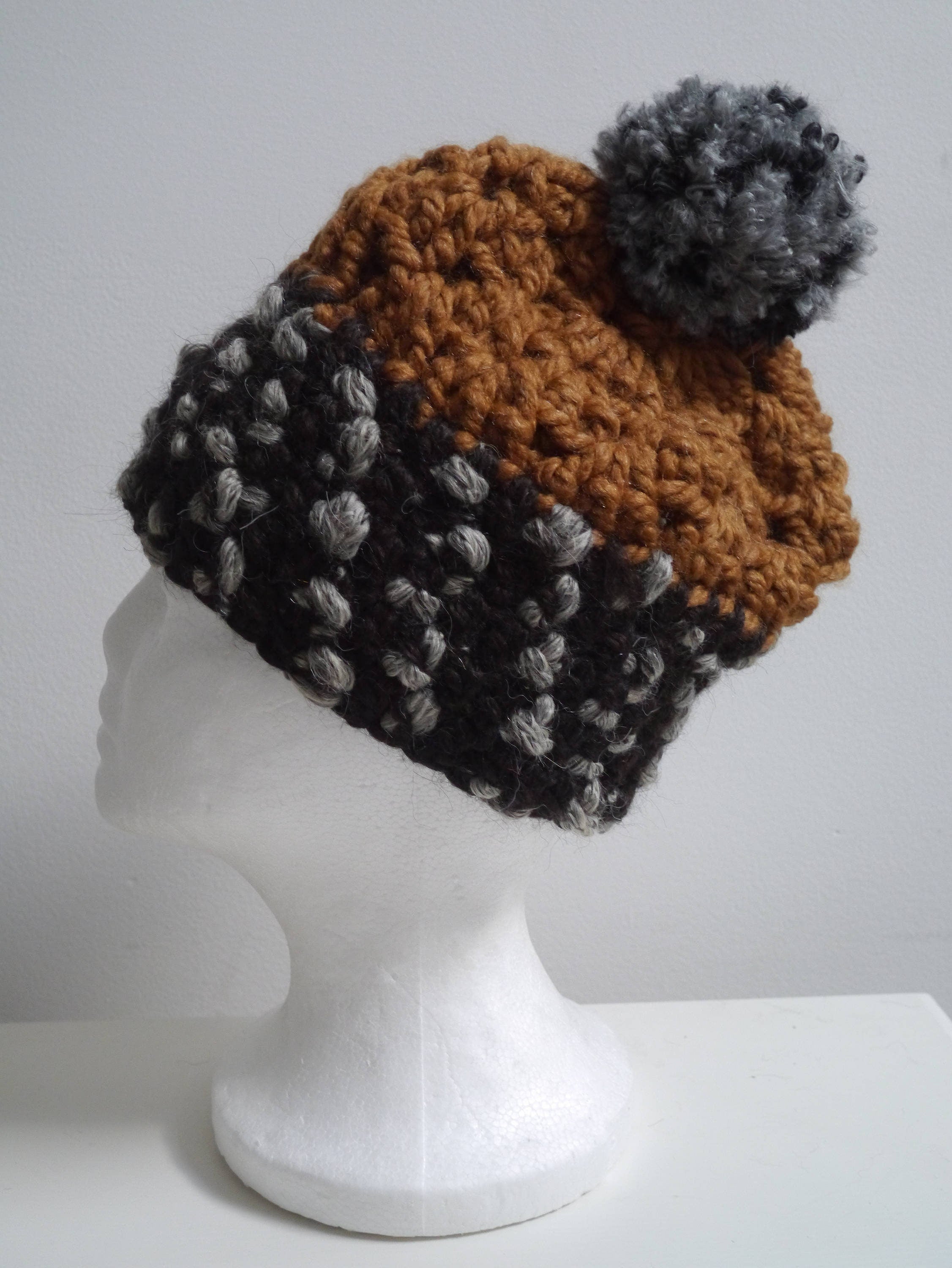 grey brown caramel hat crocheted hat color block hat handmade hat chunky hat gray pompom hat mans hat unisex hat "rootle"