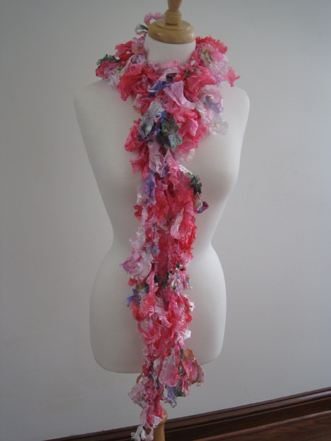 Hand-Painted Ribbon Boa, Pink Lavender Green Gold, Loopy Lightweight Scarf