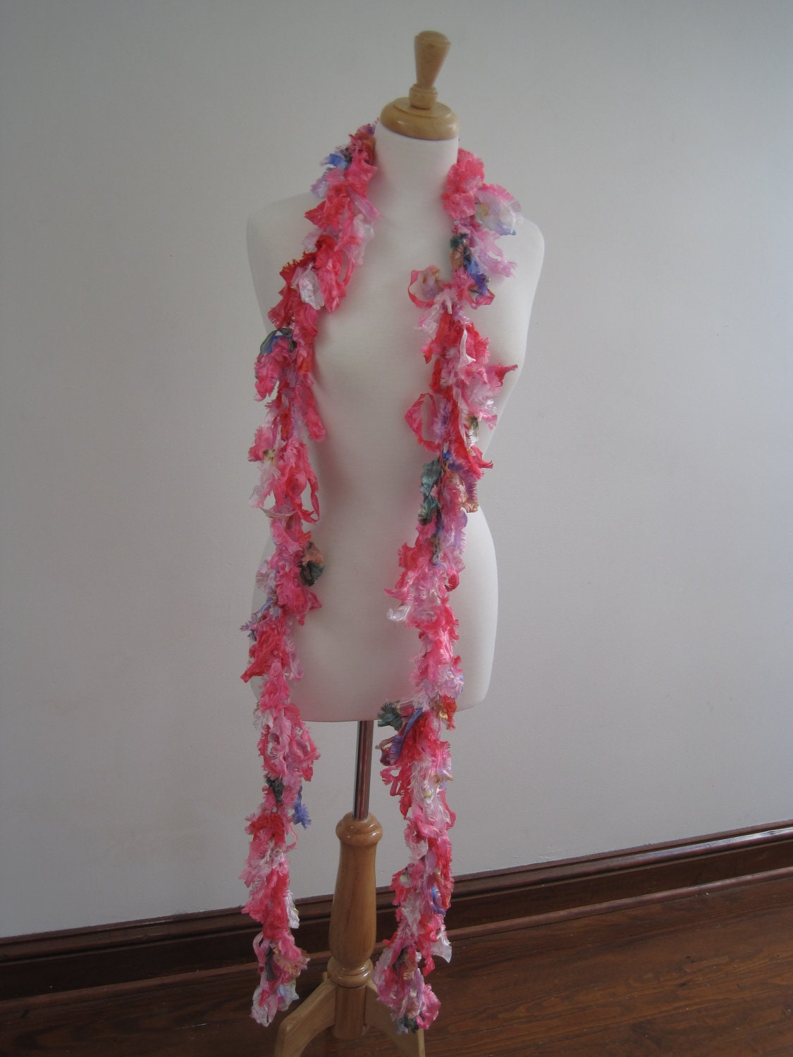 Hand-Painted Ribbon Boa, Pink Lavender Green Gold, Loopy Lightweight Scarf