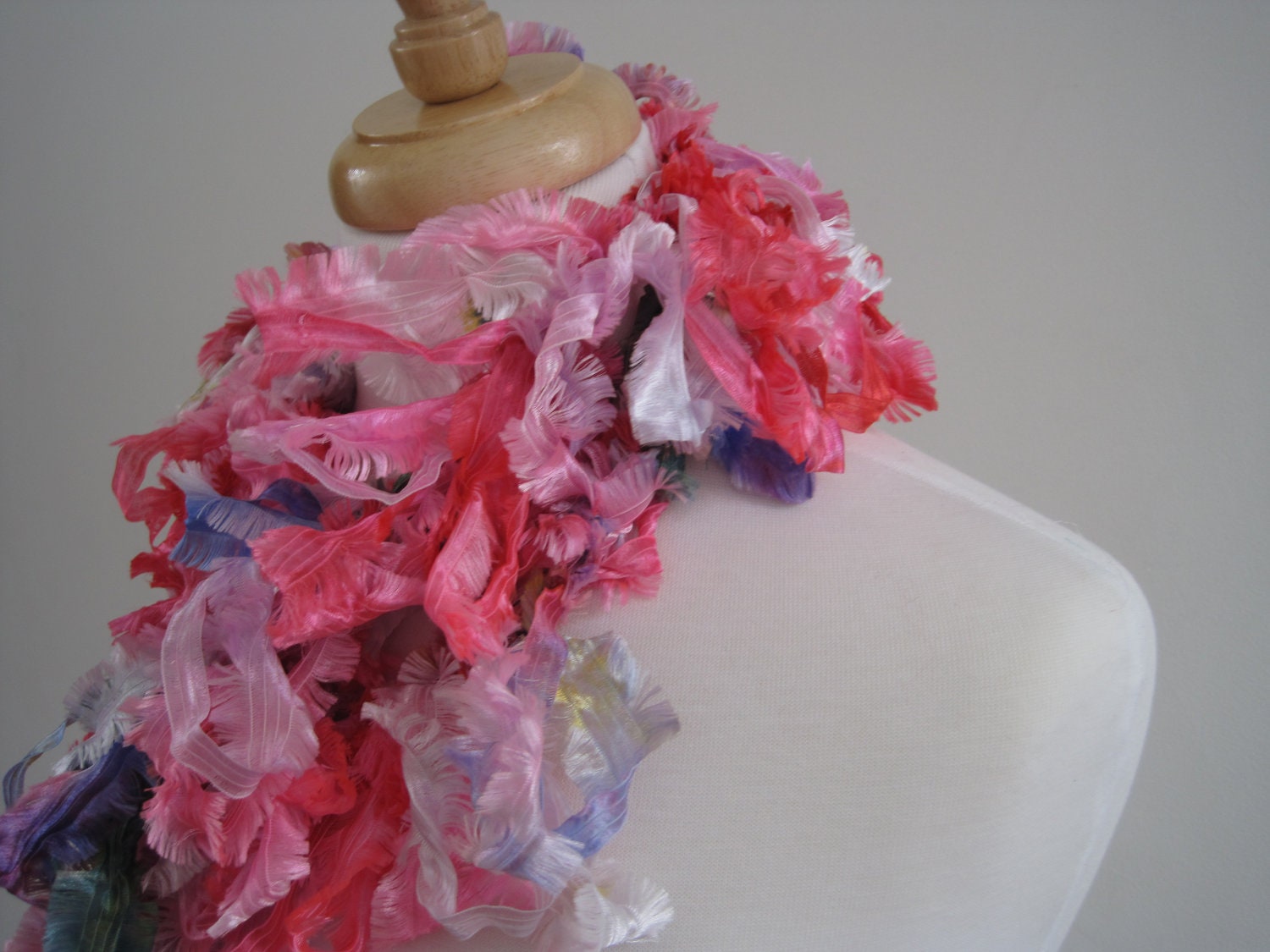 Hand-Painted Ribbon Boa, Pink Lavender Green Gold, Loopy Lightweight Scarf