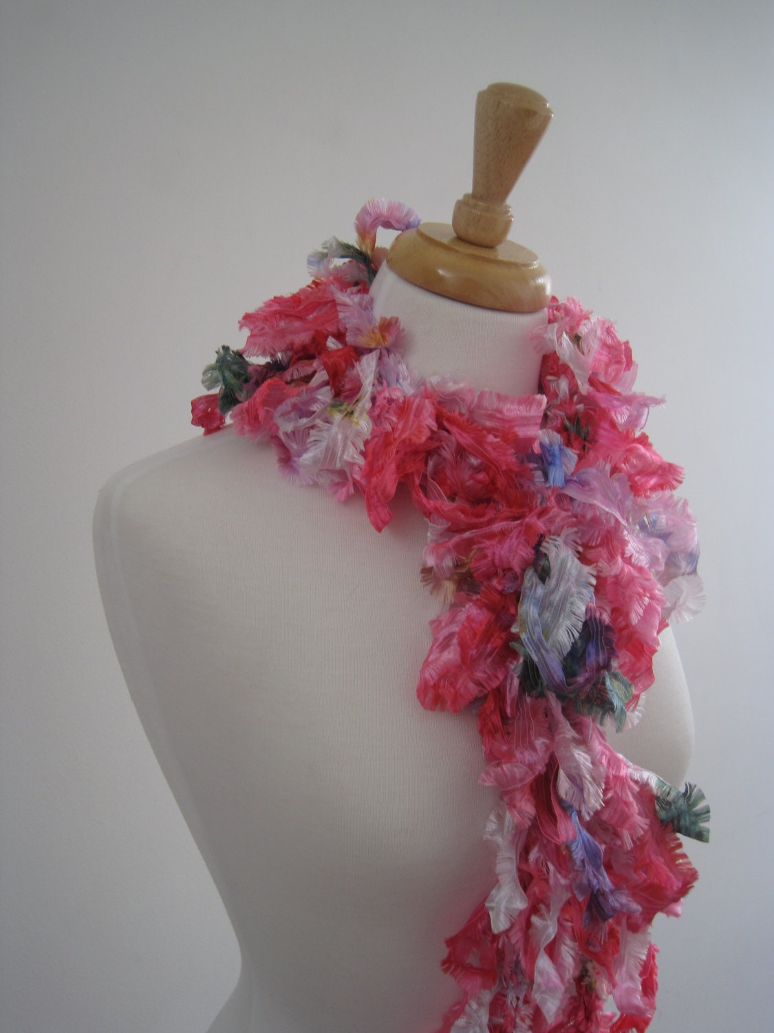 Hand-Painted Ribbon Boa, Pink Lavender Green Gold, Loopy Lightweight Scarf