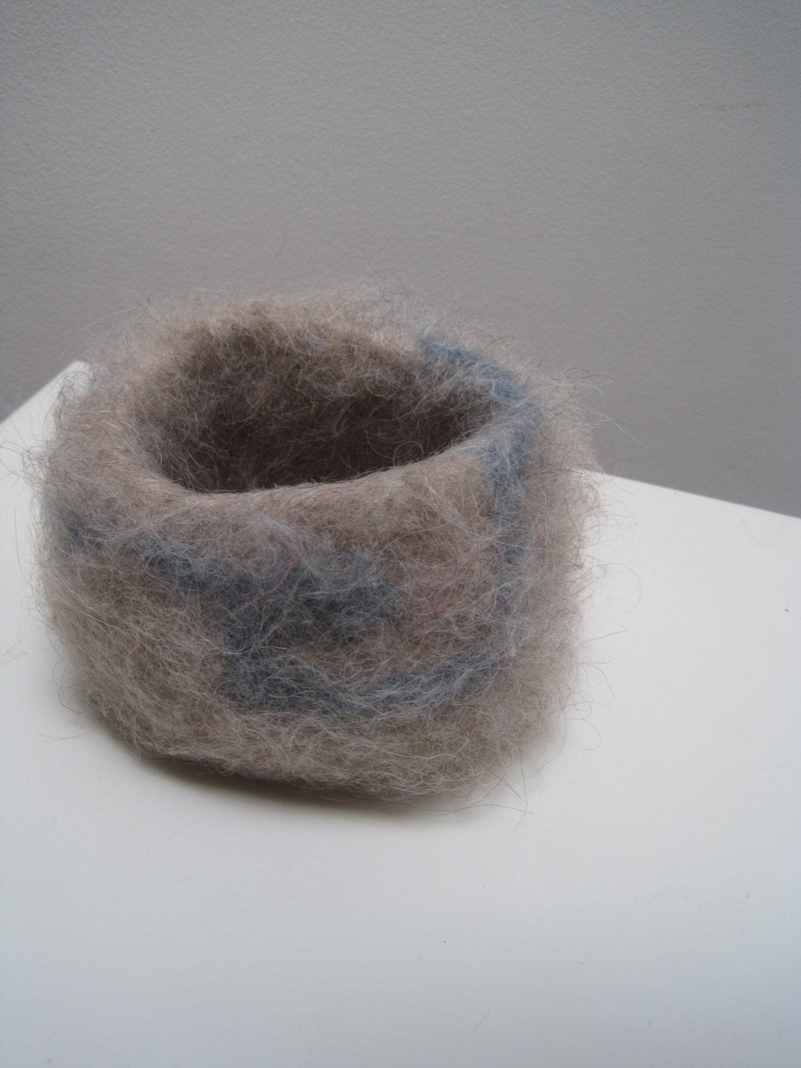 Crochet Felted Wool Basket, made from Tan and Blue Icelandic Lopi Yarn