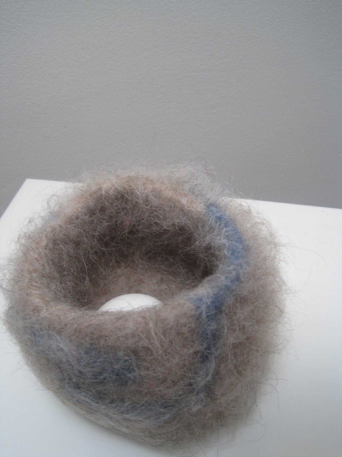 Crochet Felted Wool Basket, made from Tan and Blue Icelandic Lopi Yarn