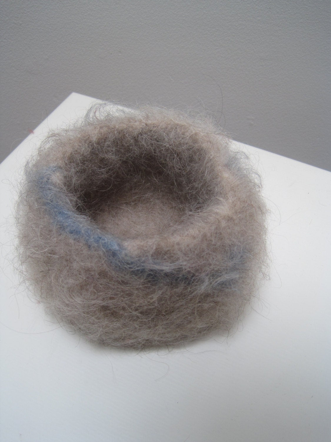 Crochet Felted Wool Basket, made from Tan and Blue Icelandic Lopi Yarn