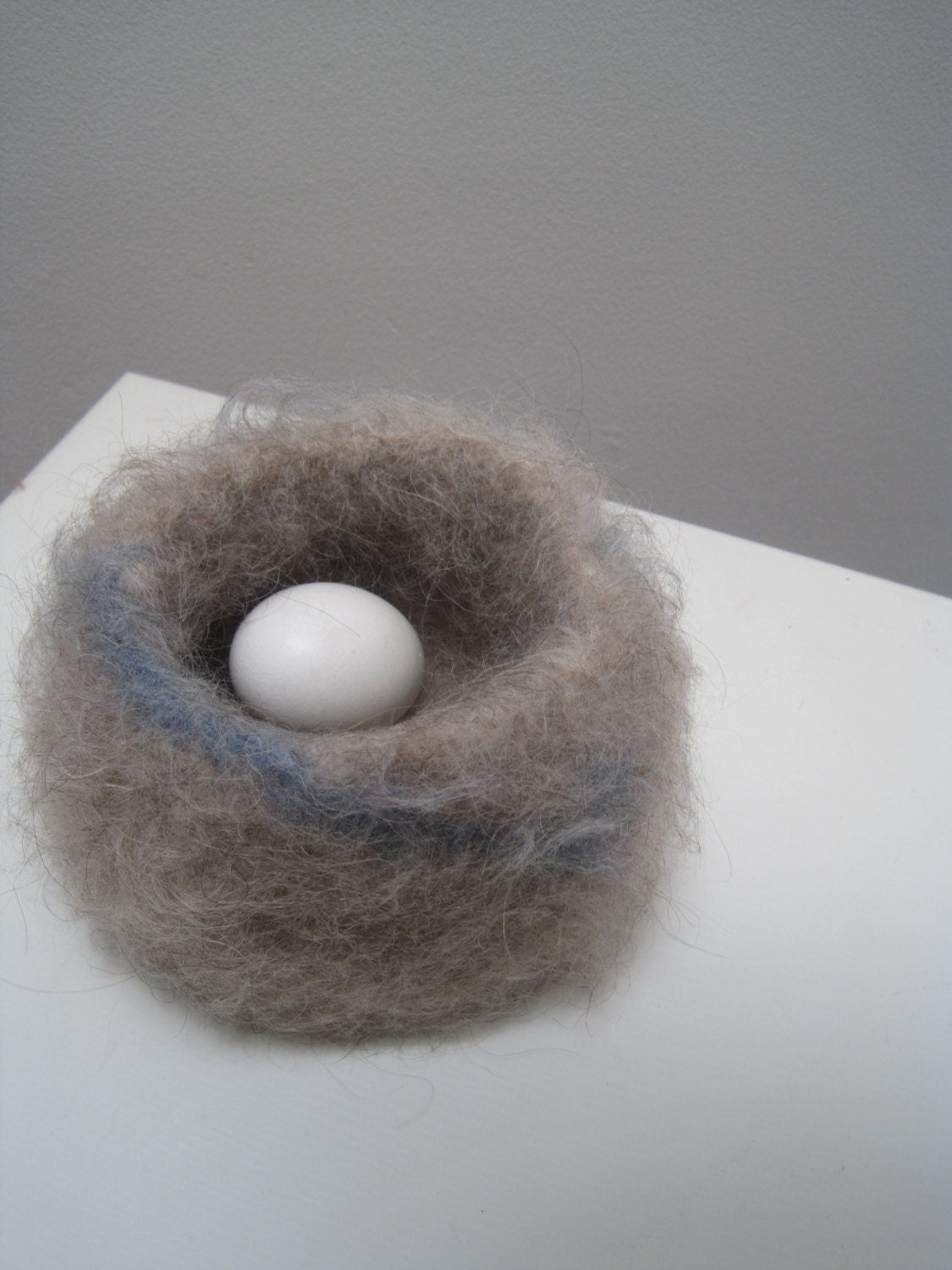 Crochet Felted Wool Basket, made from Tan and Blue Icelandic Lopi Yarn
