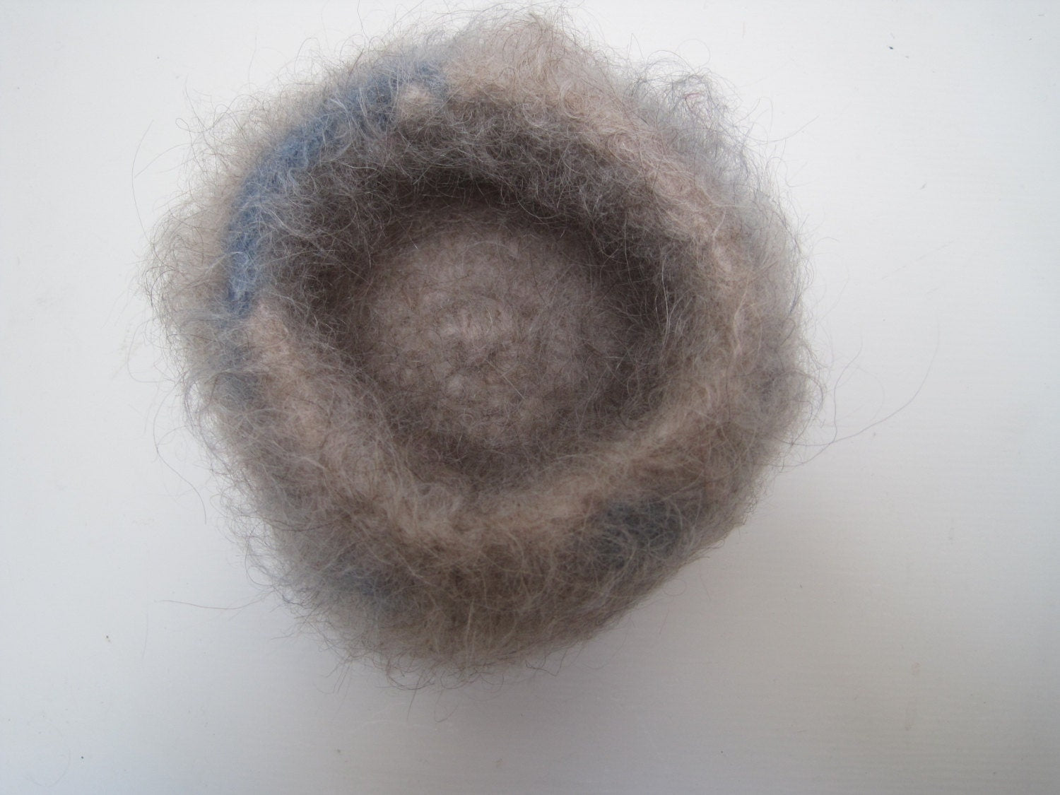 Crochet Felted Wool Basket, made from Tan and Blue Icelandic Lopi Yarn