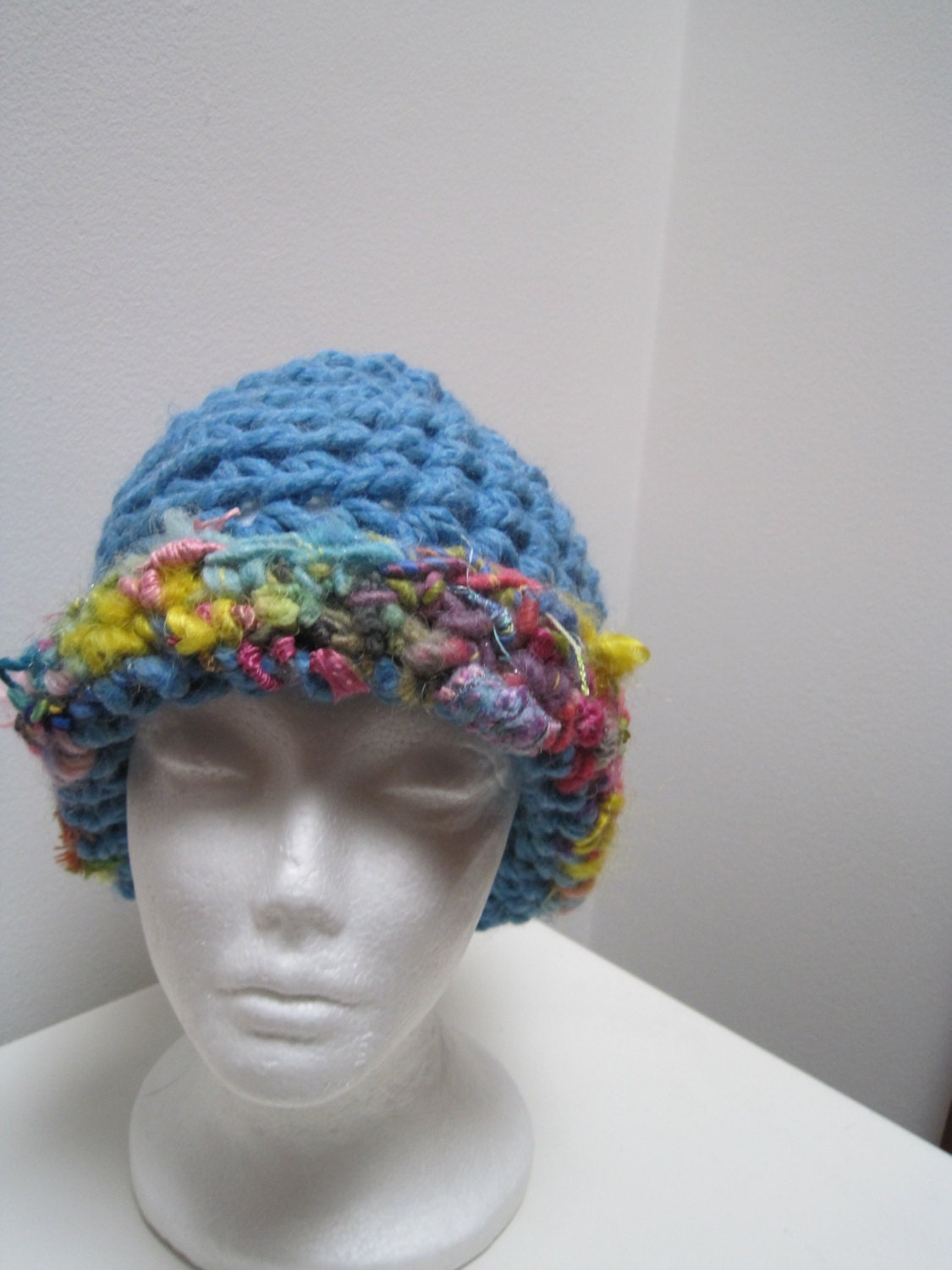 light blue hat, handmade hat, art yarn hat, blue cloche, light blue pink cap, warm cap, winter hat "bebe"