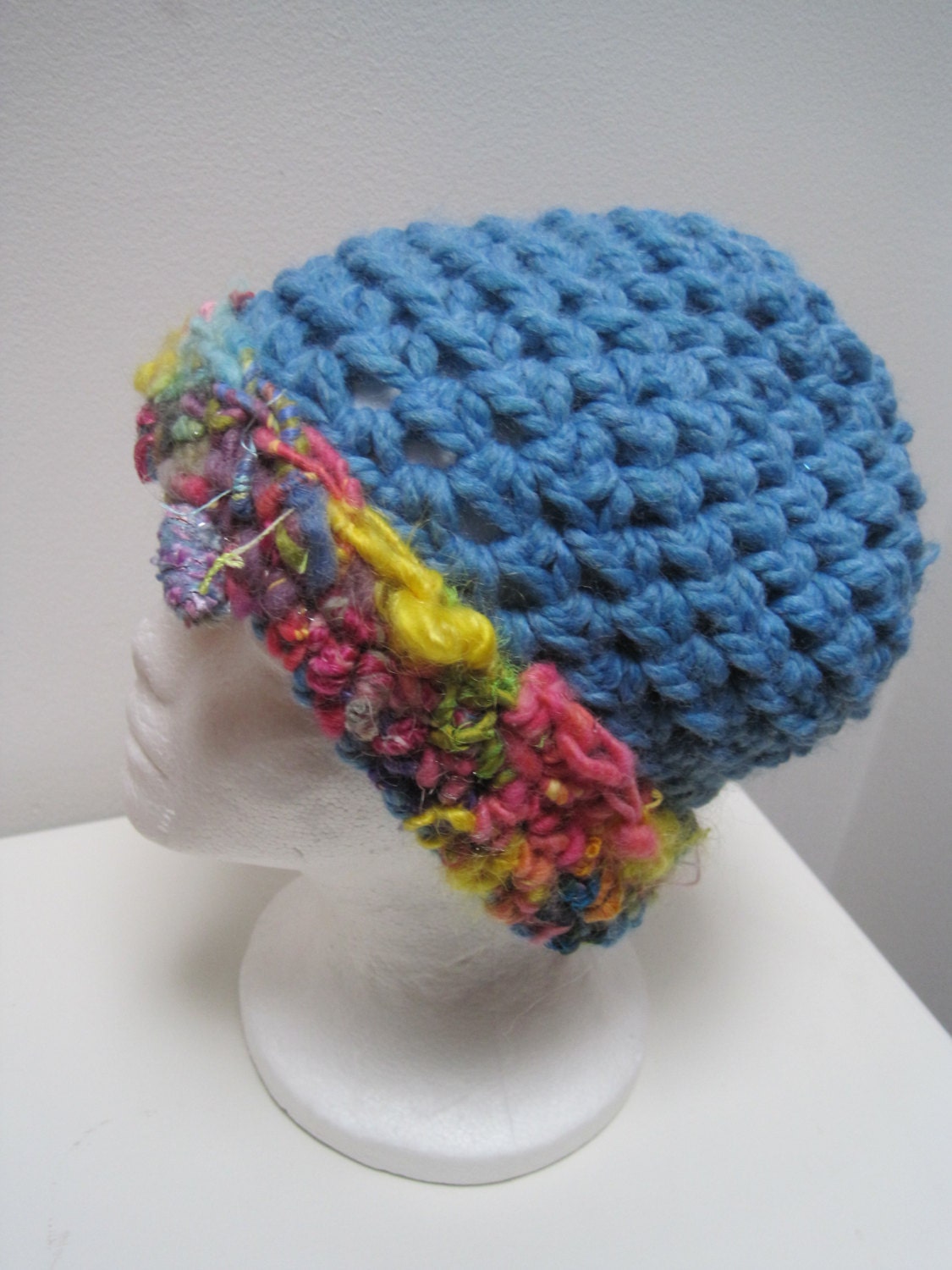 light blue hat, handmade hat, art yarn hat, blue cloche, light blue pink cap, warm cap, winter hat "bebe"