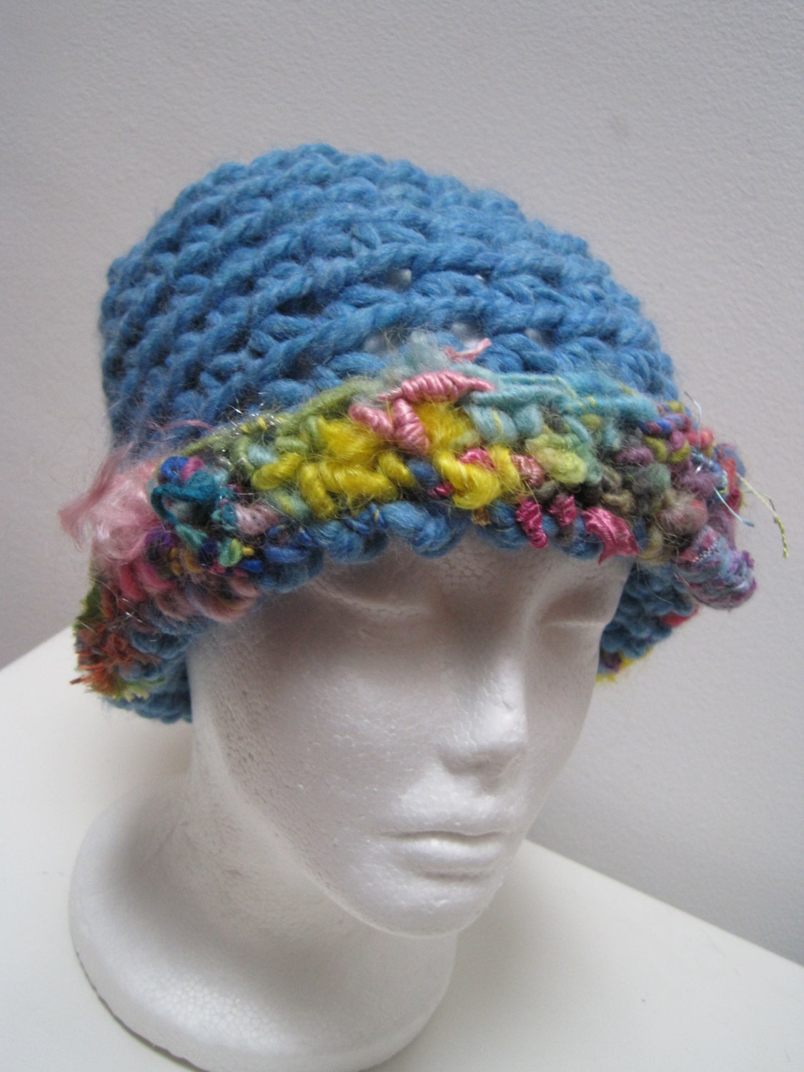 light blue hat, handmade hat, art yarn hat, blue cloche, light blue pink cap, warm cap, winter hat "bebe"