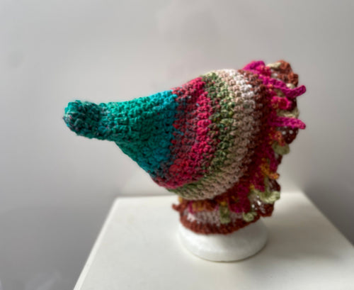 Blue pink brown hat, witch hat, striped hat, crochet hat, handmade hat, freeform crochet, boho hat, hippie hat, slouchy hat "transform”