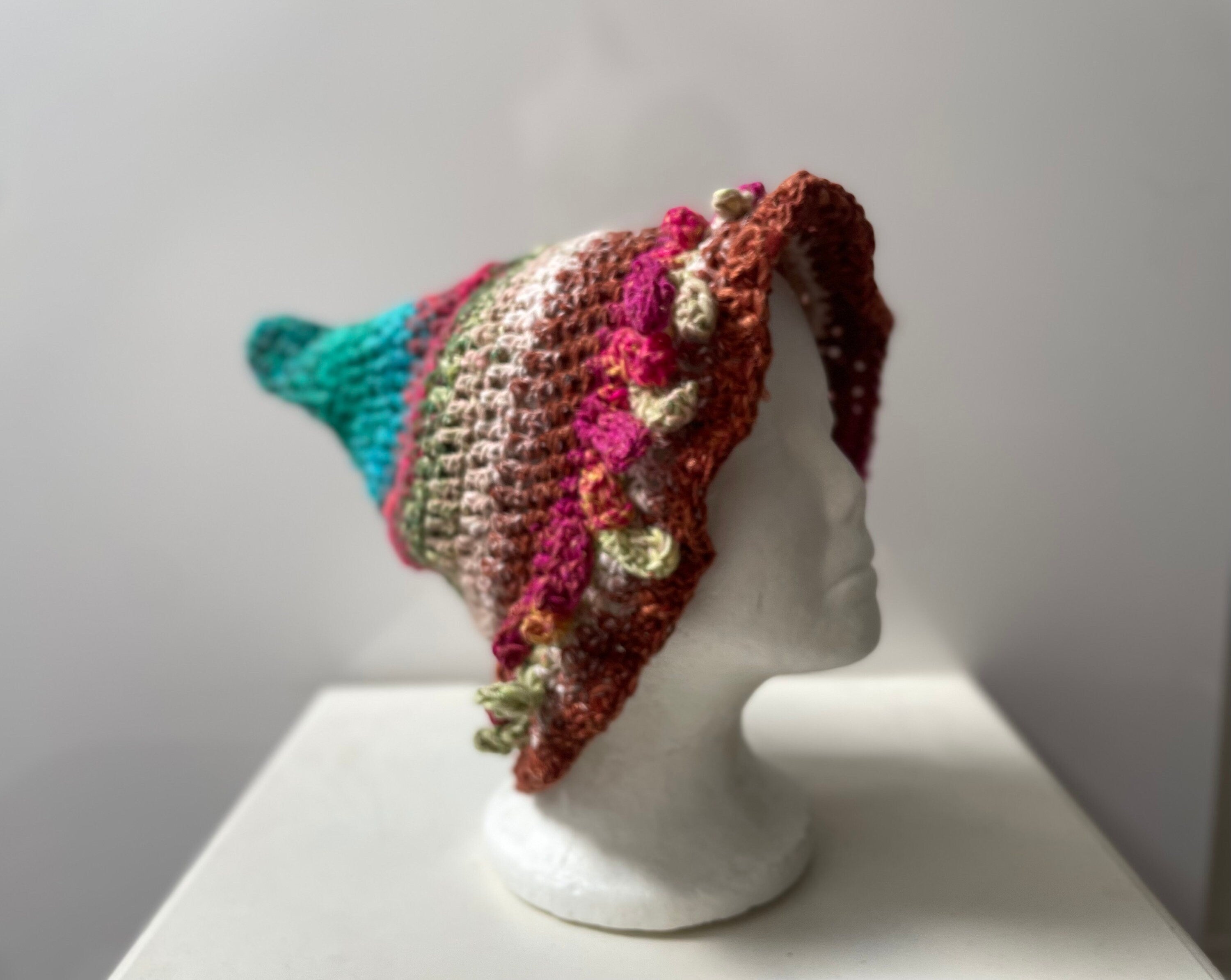 Blue pink brown hat, witch hat, striped hat, crochet hat, handmade hat, freeform crochet, boho hat, hippie hat, slouchy hat "transform”